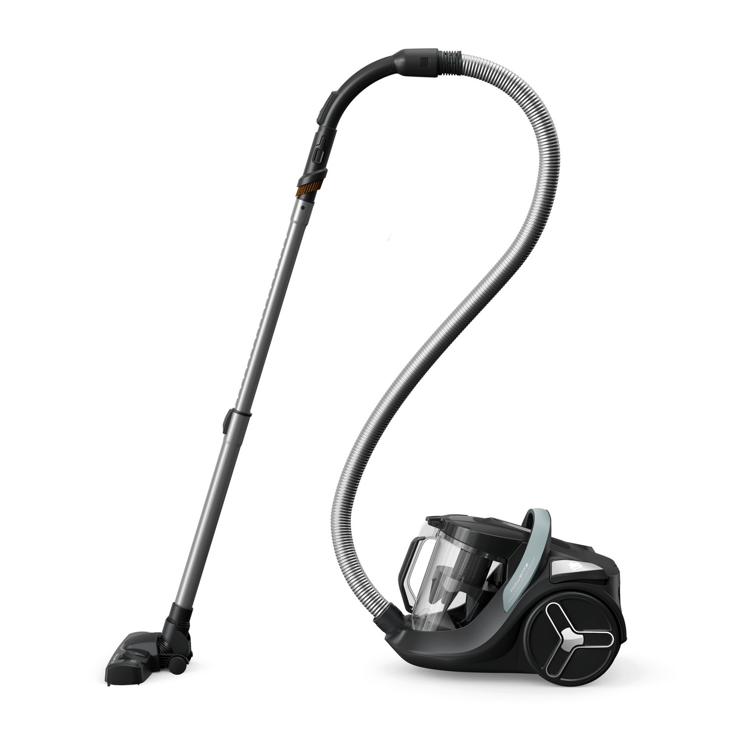 Aspirapolvere con tubo e accessori su sfondo bianco, isolato.