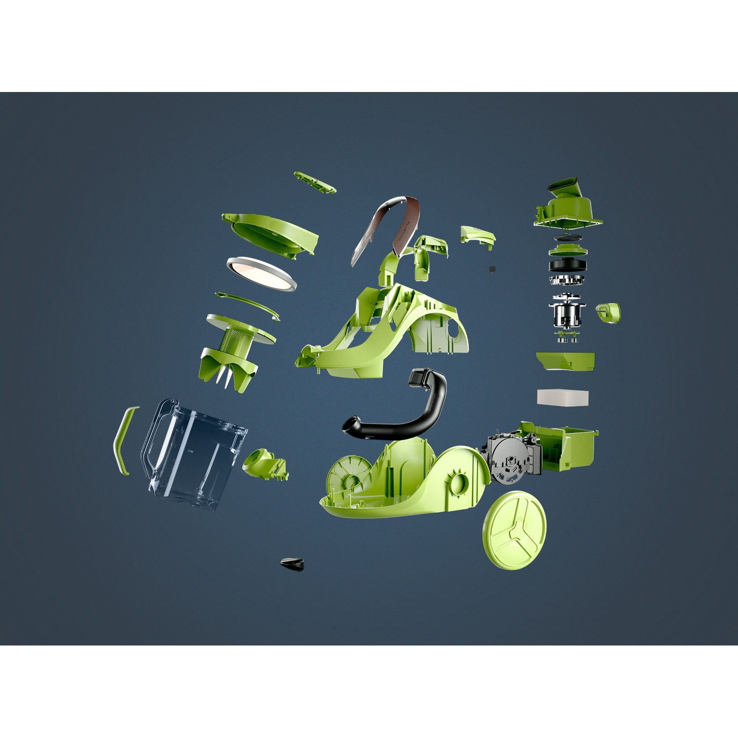 Rozłożone na części zielone elementy odkurzacza na ciemnoniebieskim tle, pokazujące wszystkie komponenty.