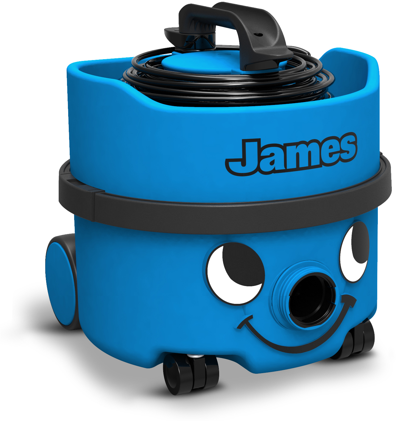 Blue James vacuum cleaner with smiling face and black wheels and handle.