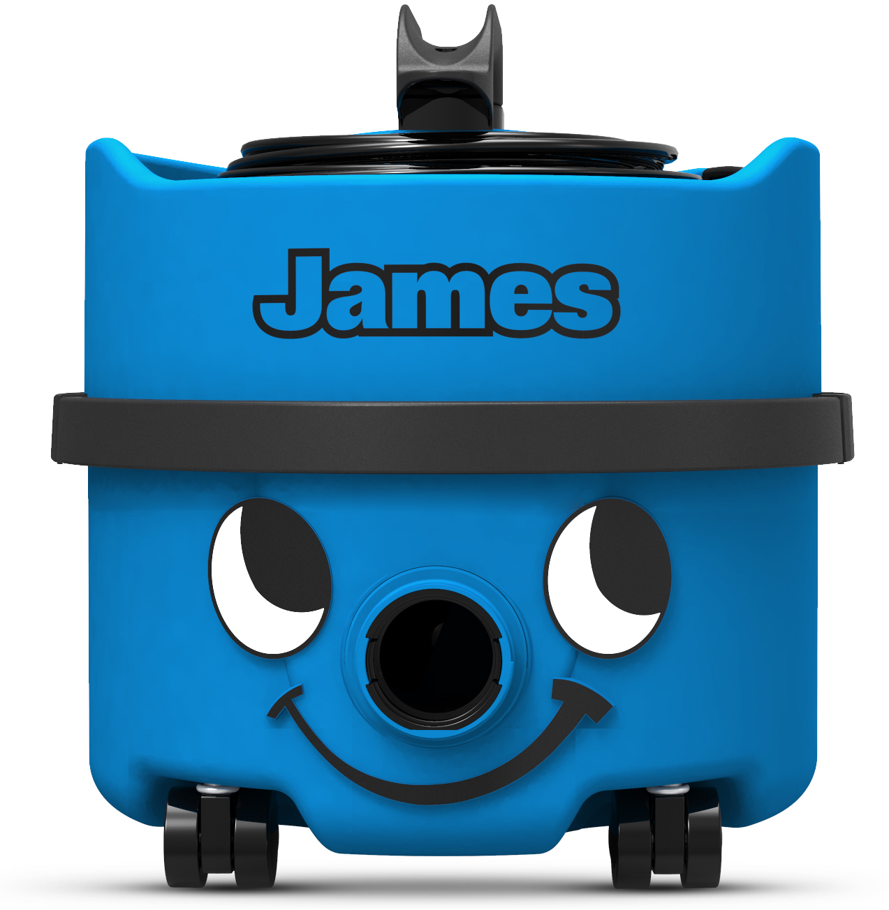 A blue James vacuum cleaner with a smiling face on the front and black wheels.