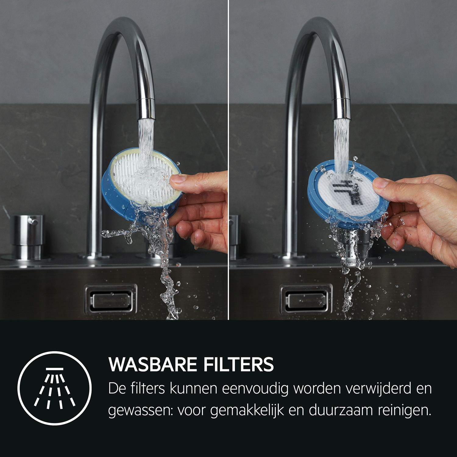 Manos lavando partes de filtro bajo un grifo, con texto: WASHABLE FILTERS.