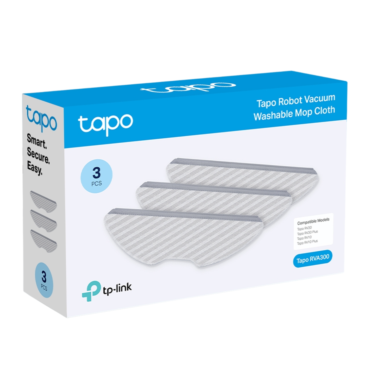 Box mit Tapo Roboter-Staubsauger-Waschmopp-Tüchern. Die Box ist weiß und blau mit drei Tüchern in der Mitte.