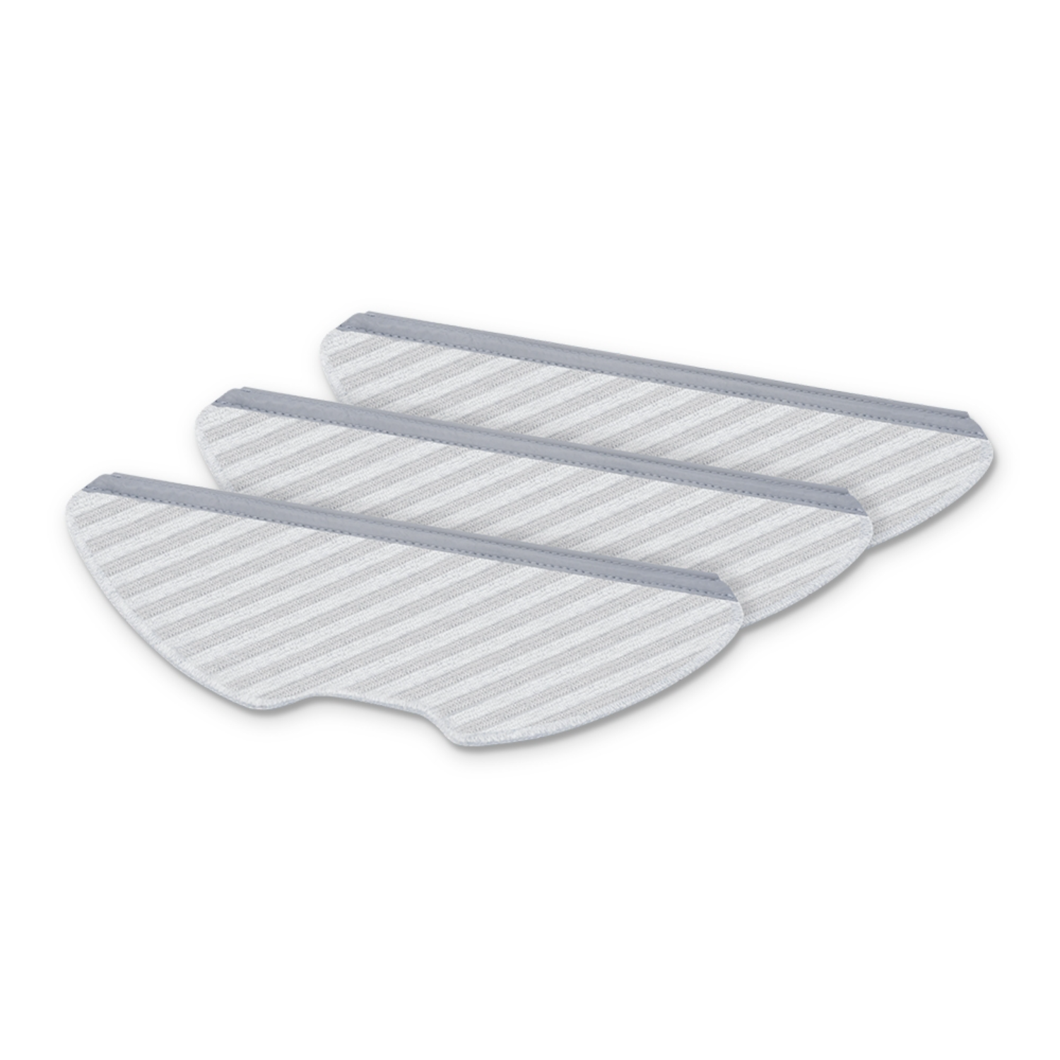 Drei weiße und graue Mopp-Pads mit Streifenmuster, leicht angewinkelt.