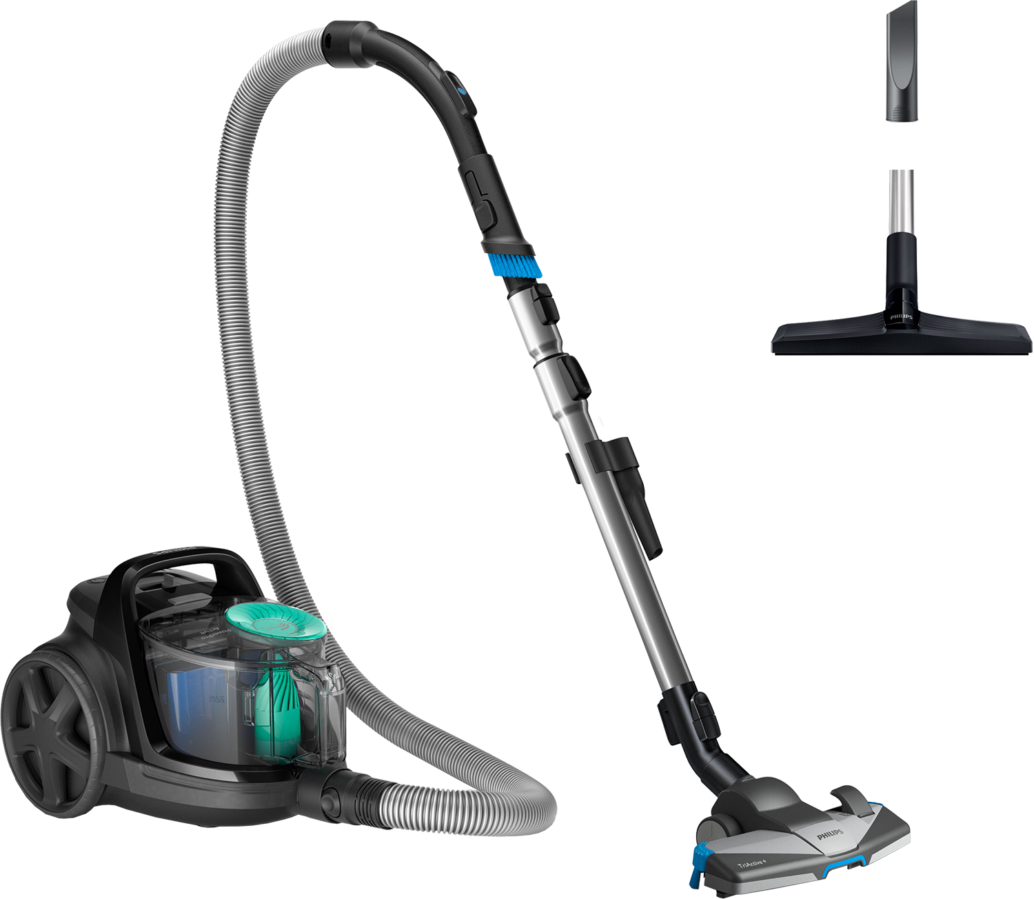 Aspirapolvere Philips nero e grigio con serbatoio dell'acqua. Altri accessori inclusi.