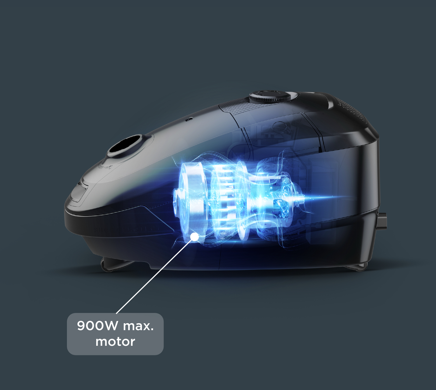 Sezione trasversale di un aspirapolvere nero, che mostra i componenti del motore. Testo: Motore max 900W.