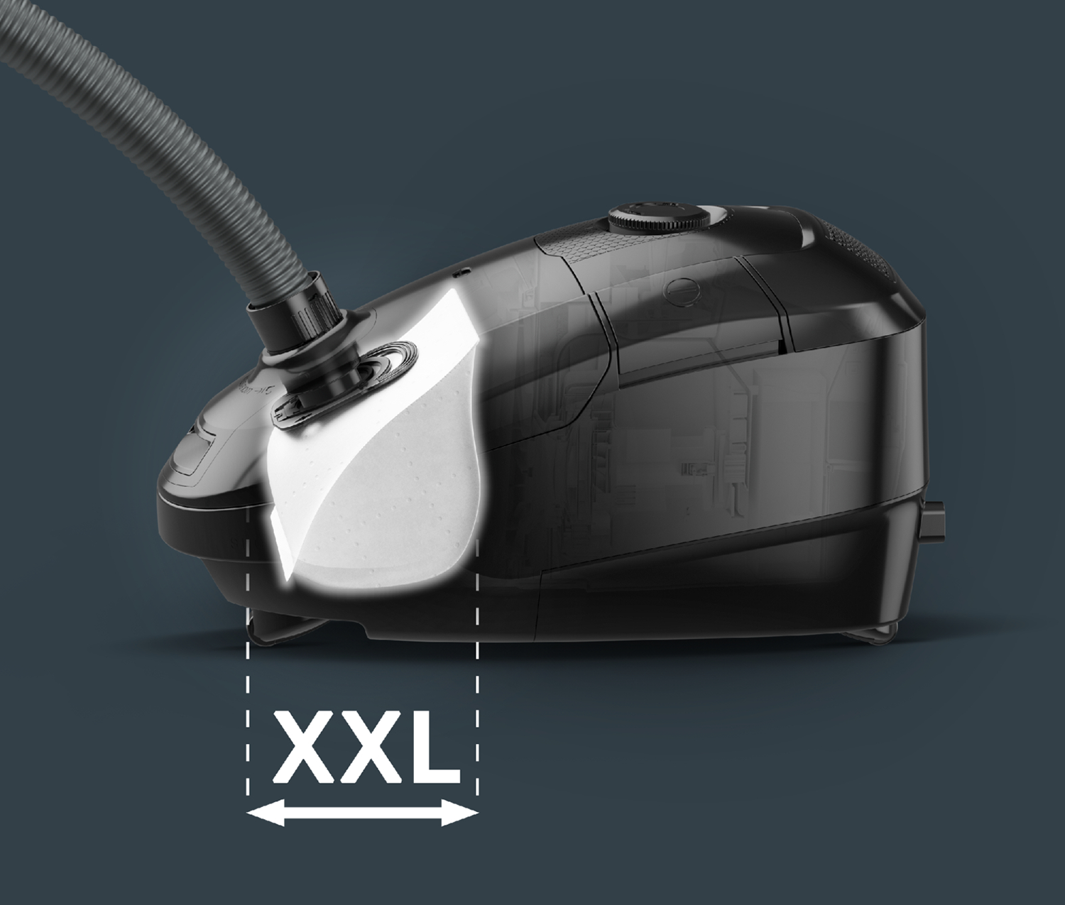 Capacità interna dell'aspirapolvere evidenziata in bianco, mostra le dimensioni XXL. Vista trasparente.
