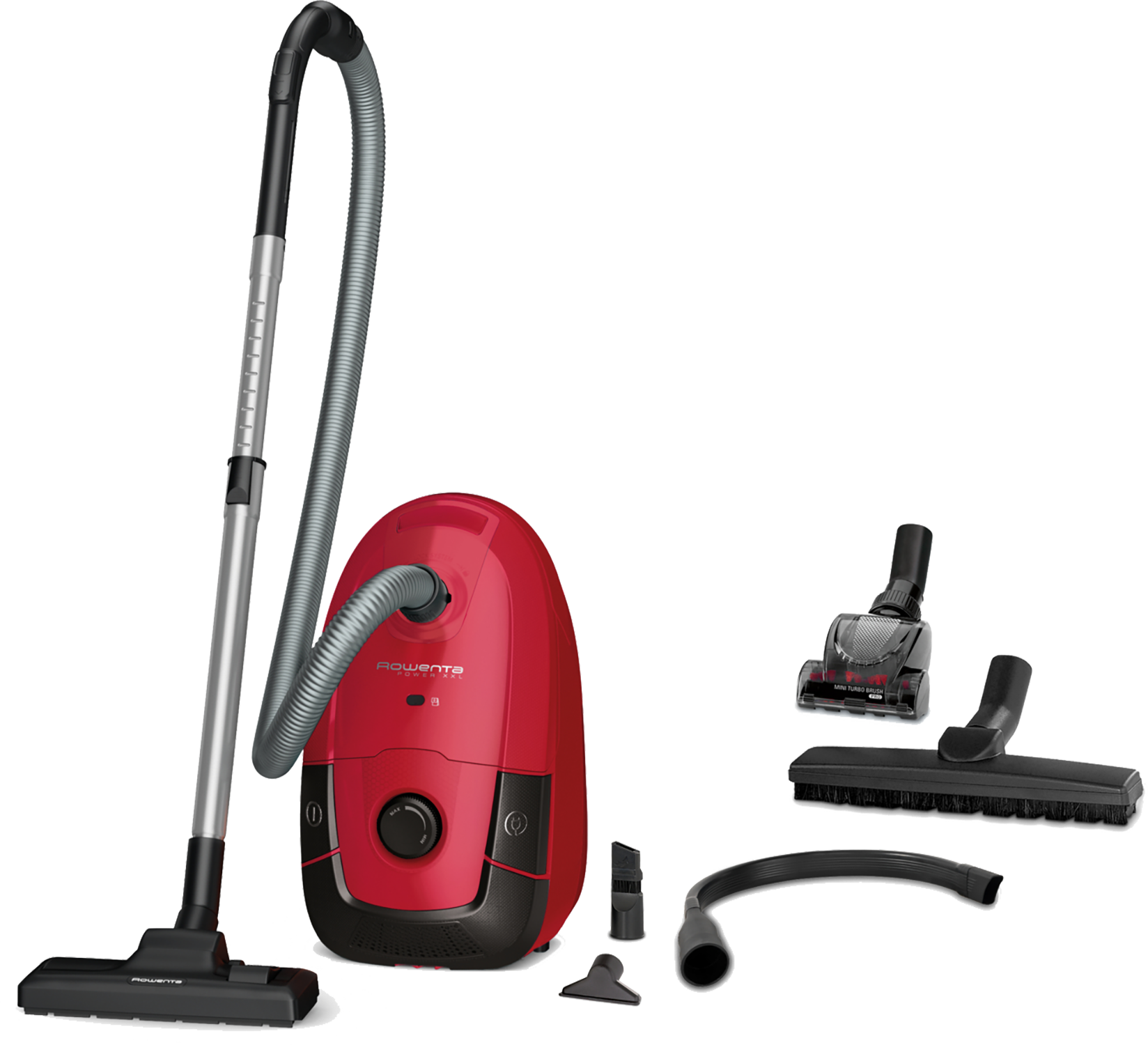 Aspirapolvere rosso e accessori. Dettagli neri e argento. Isolato su sfondo nero.