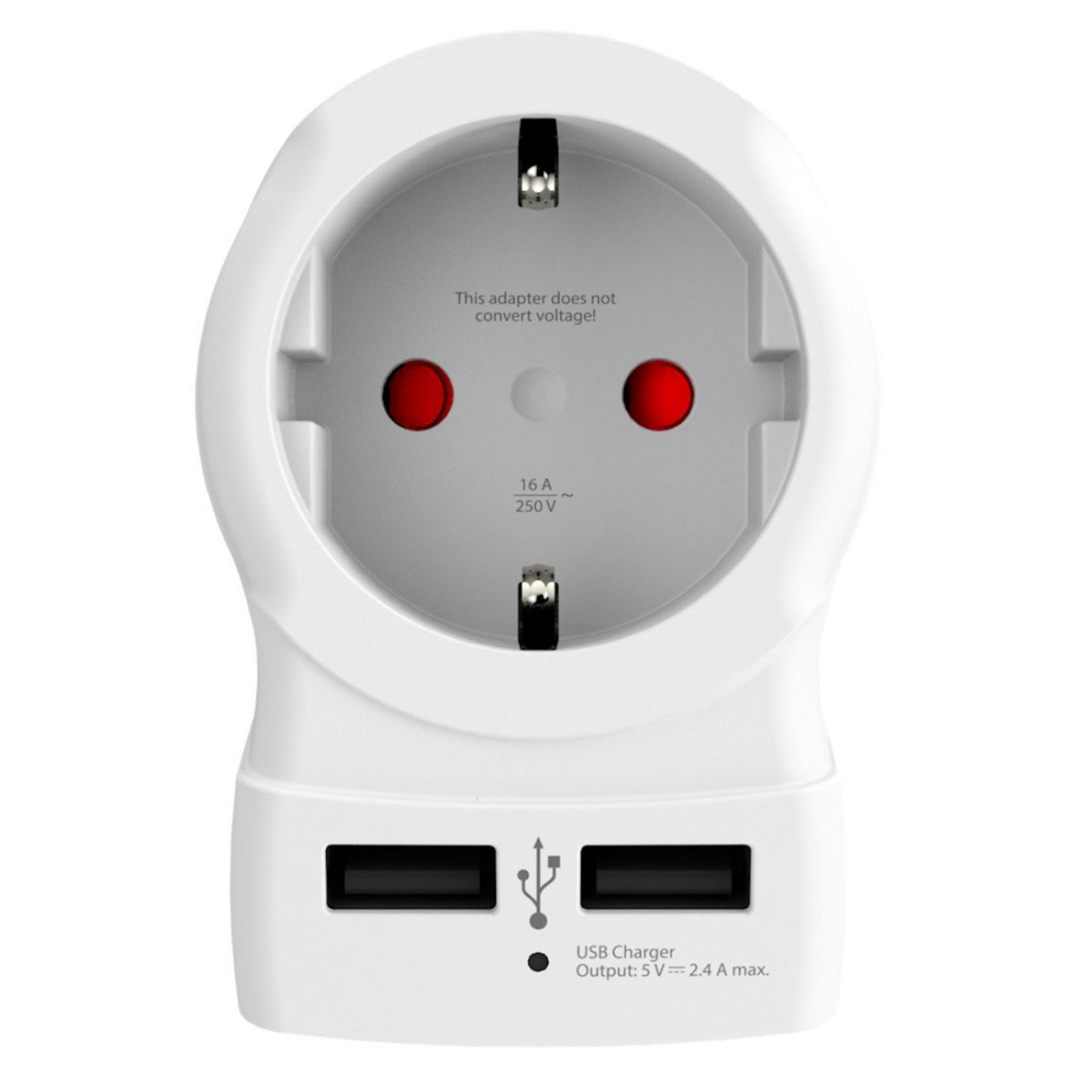 Weißer Adapter mit zwei USB-Anschlüssen und roten Steckdosenlöchern. Text: Achtung!