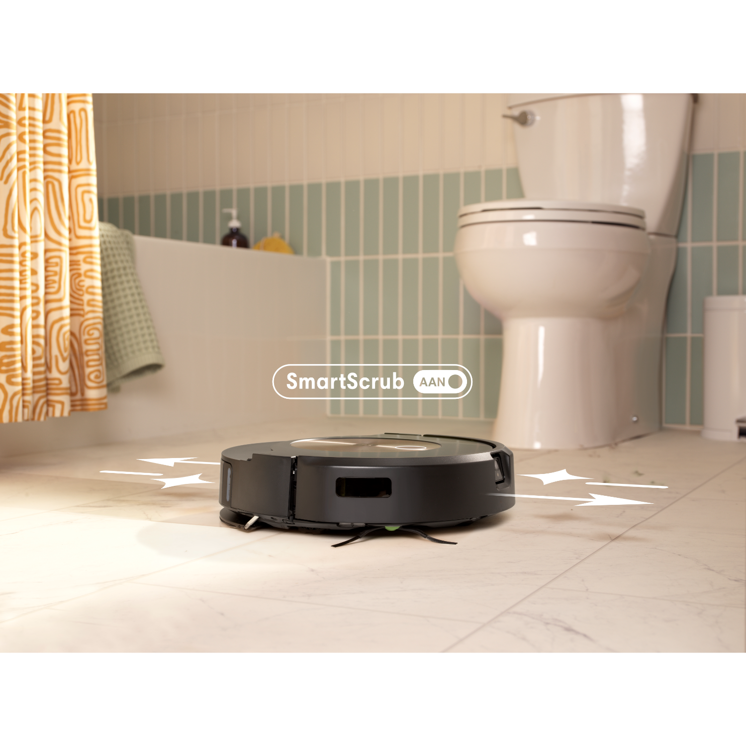 Aspiradora robot en baño. Flechas indican ruta de limpieza.