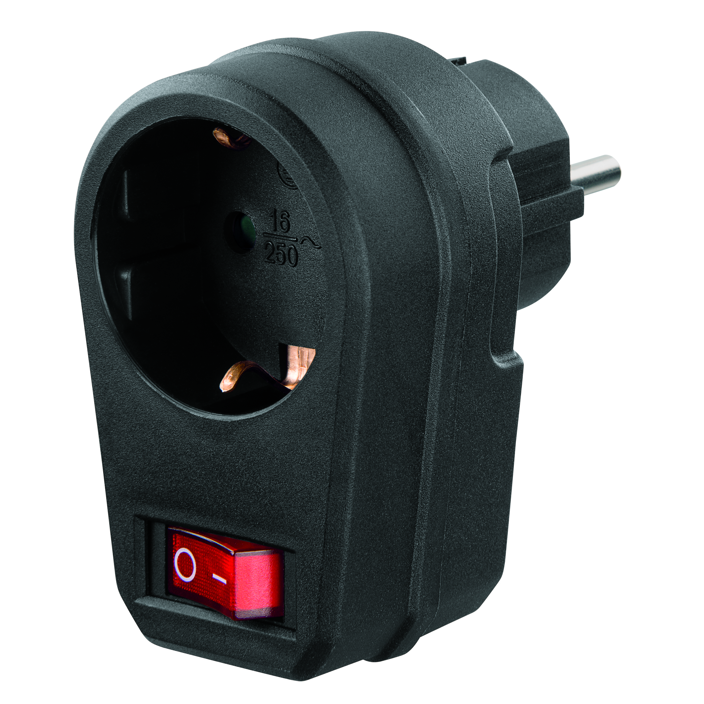 Schwarzer Adapter mit rotem Schalter, Steckdose und Stiften. Wandelt einen Steckertyp in einen anderen um. Für Elektrogeräte.