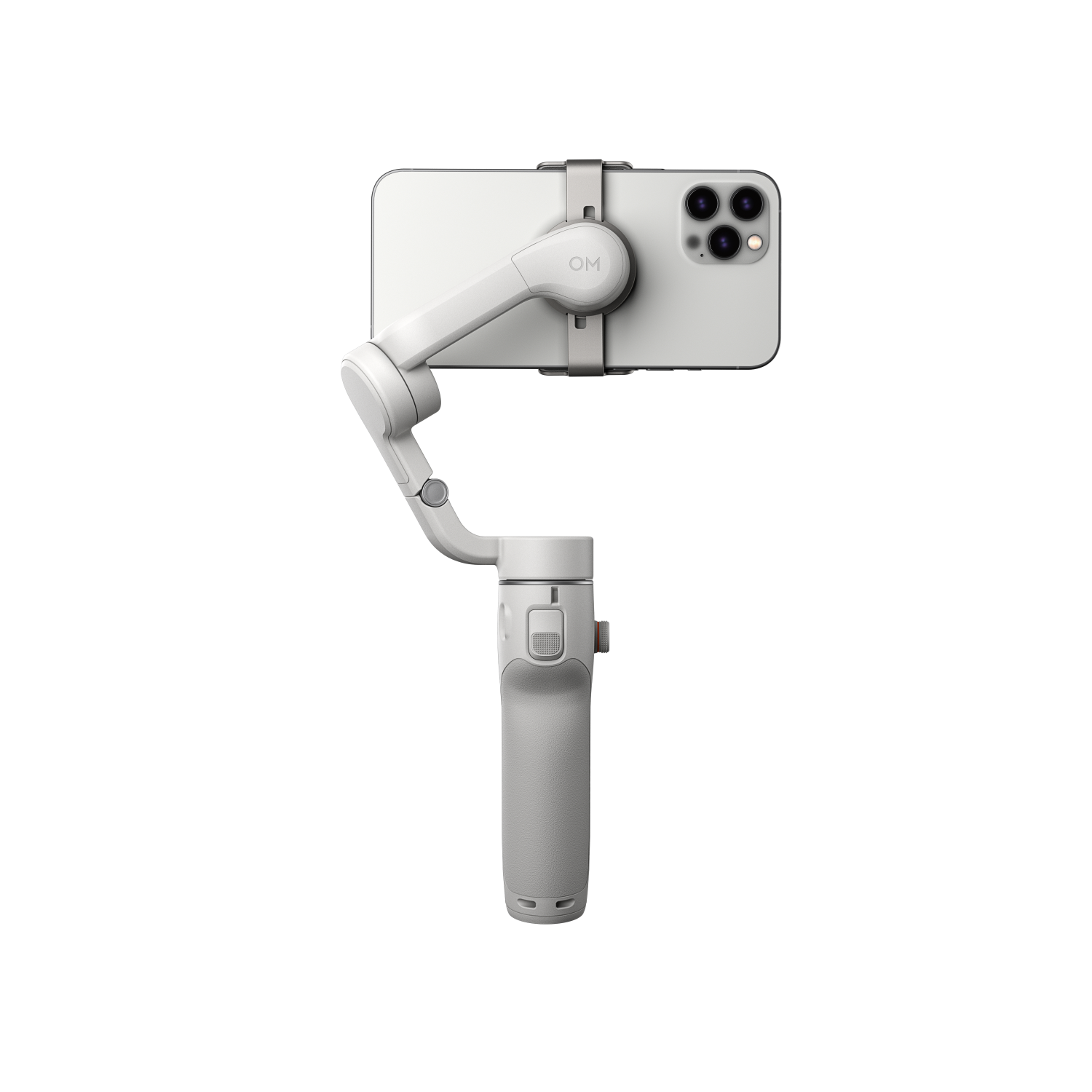 Gimbal blanco para smartphone con teléfono adjunto. Fondo negro.