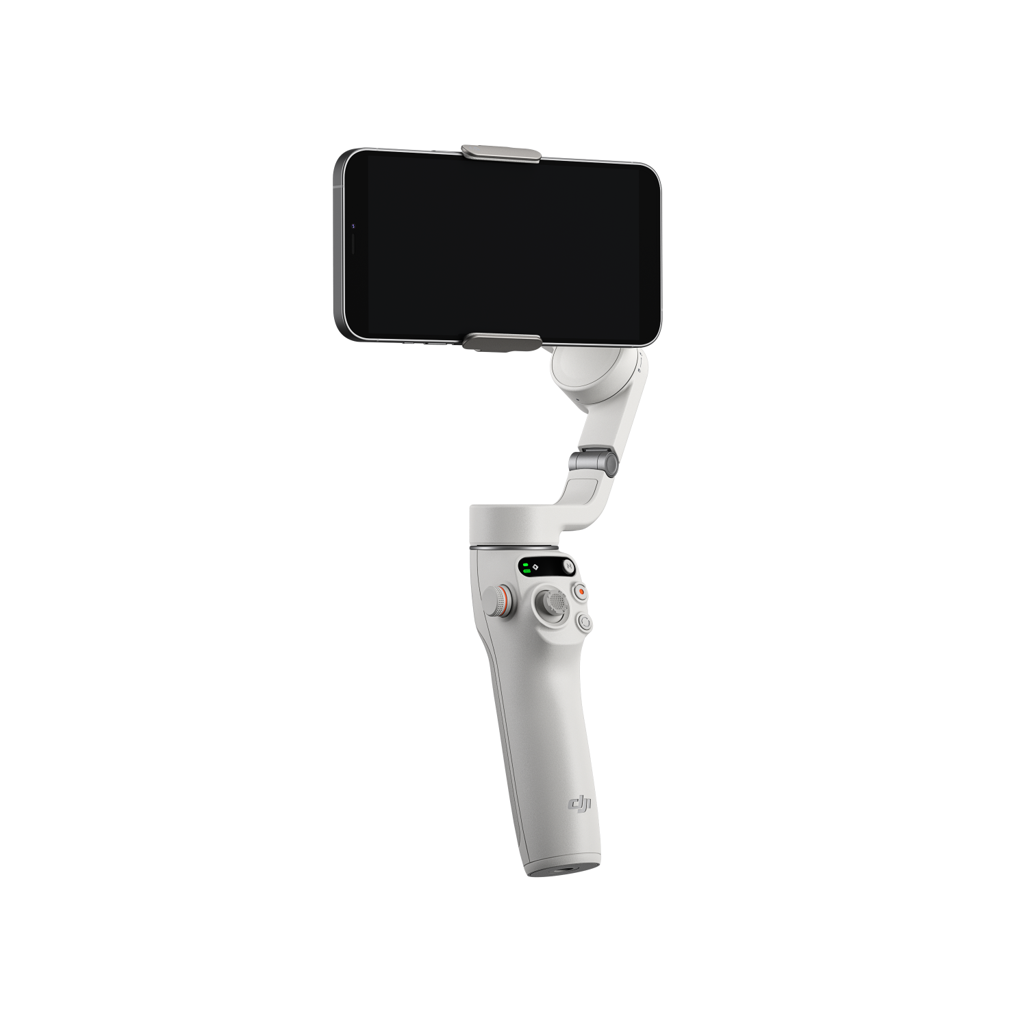 Estabilizador portátil blanco con un teléfono adjunto. Tiene botones.