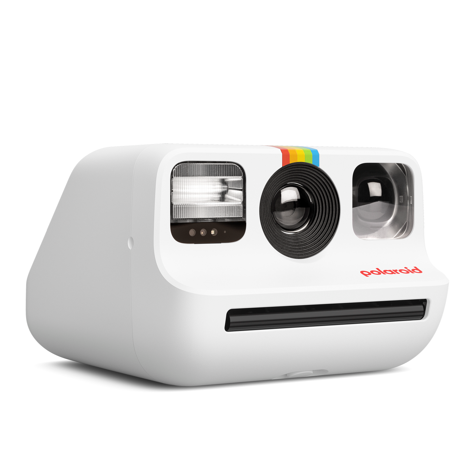 Eine weiße Polaroid-Kamera mit Regenbogenstreifen und Polaroid-Logo.