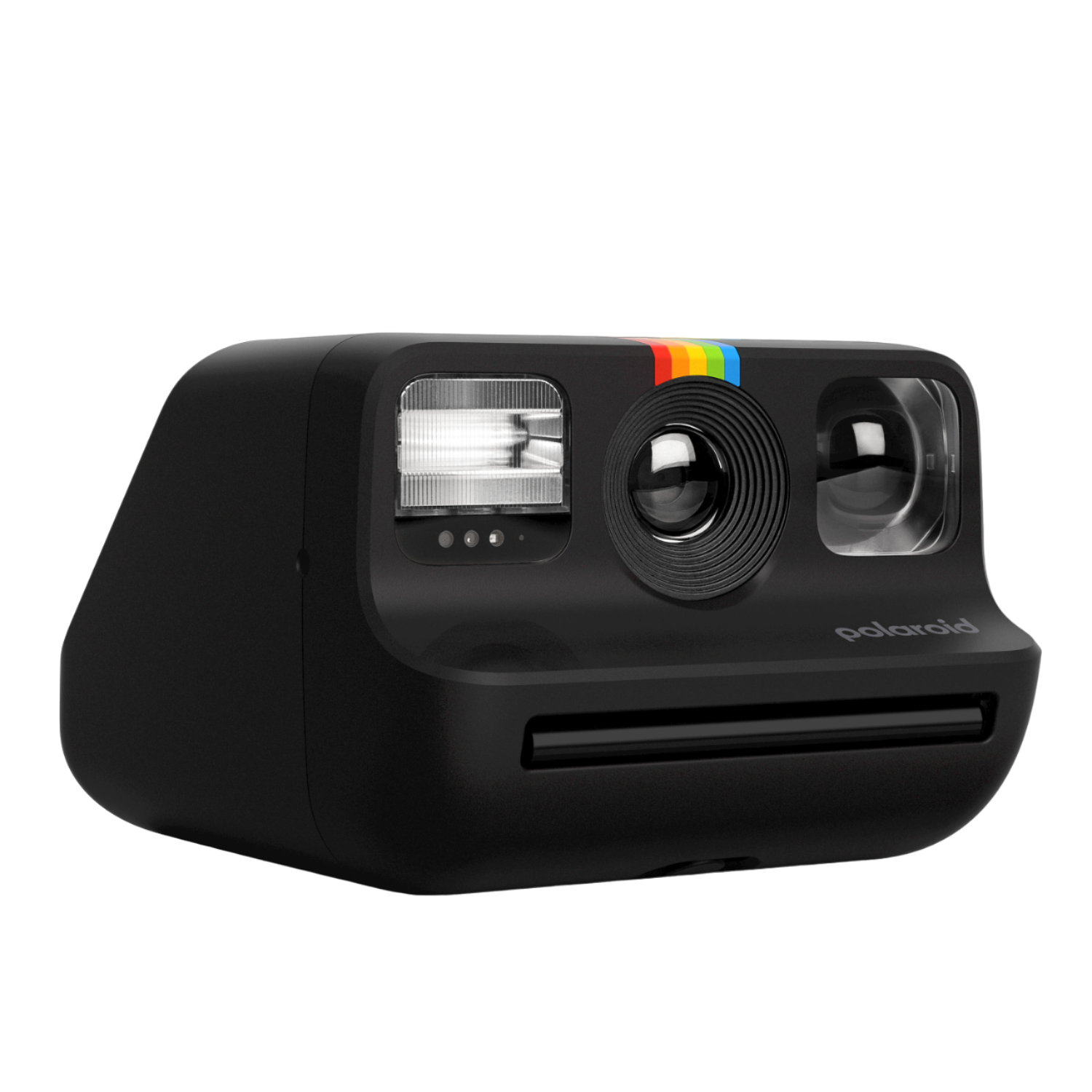 Appareil photo Polaroid. Appareil photo instantané noir avec flash, objectif et bande arc-en-ciel. Forme rectangulaire classique.
