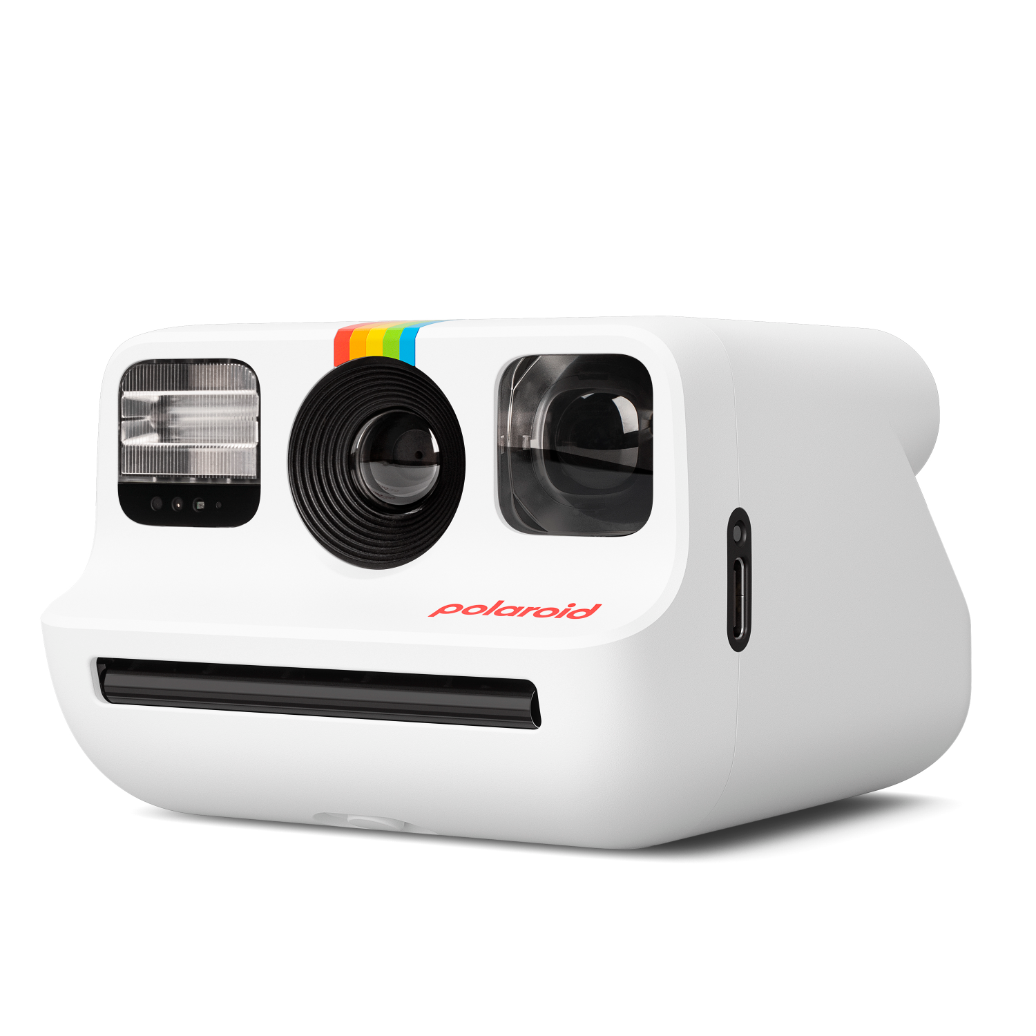 Cámara Polaroid blanca con una franja de arcoíris en la parte superior y el nombre 'polaroid'.