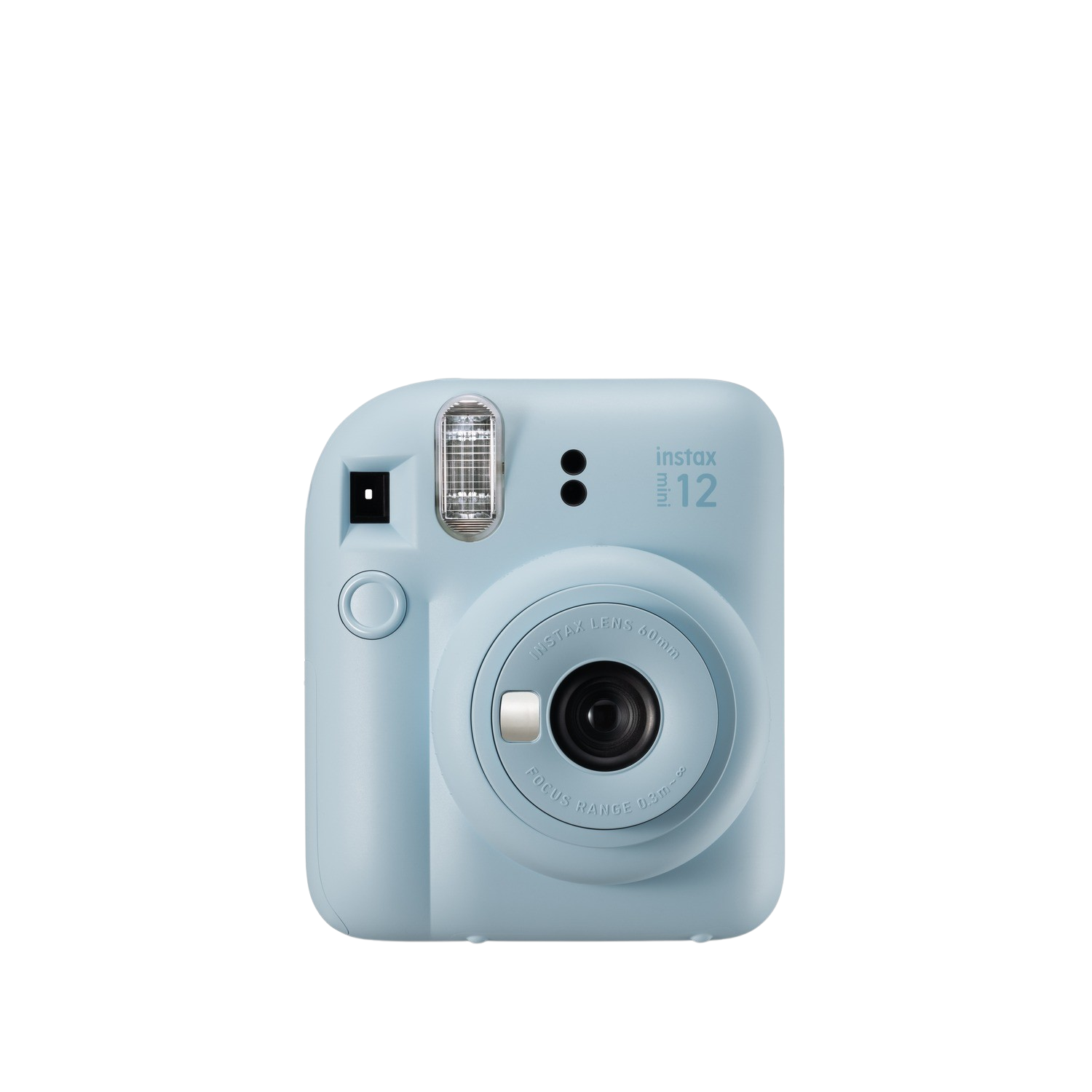 Una cámara Instax Mini 12 azul claro. Tiene una lente, flash y botones. Fondo negro.