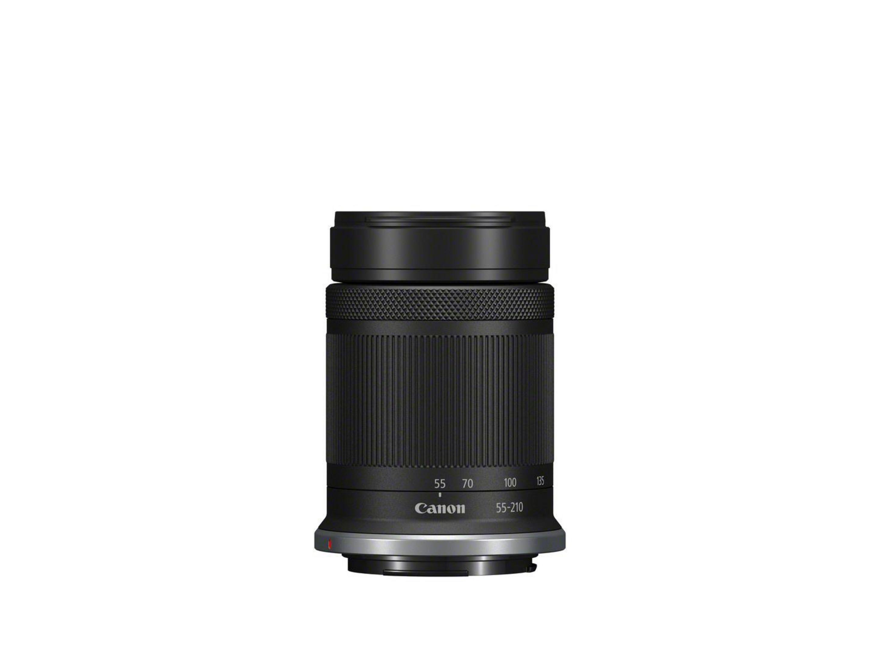Un obiettivo nero, Canon 55-210, su sfondo bianco.