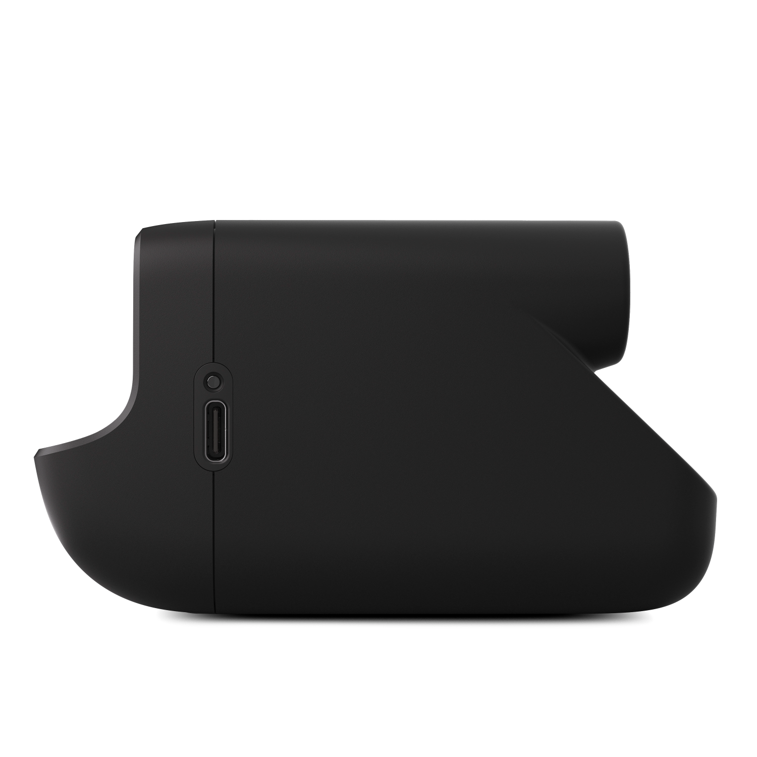 Czarna kamera samochodowa, widok z boku, z portem USB-C.