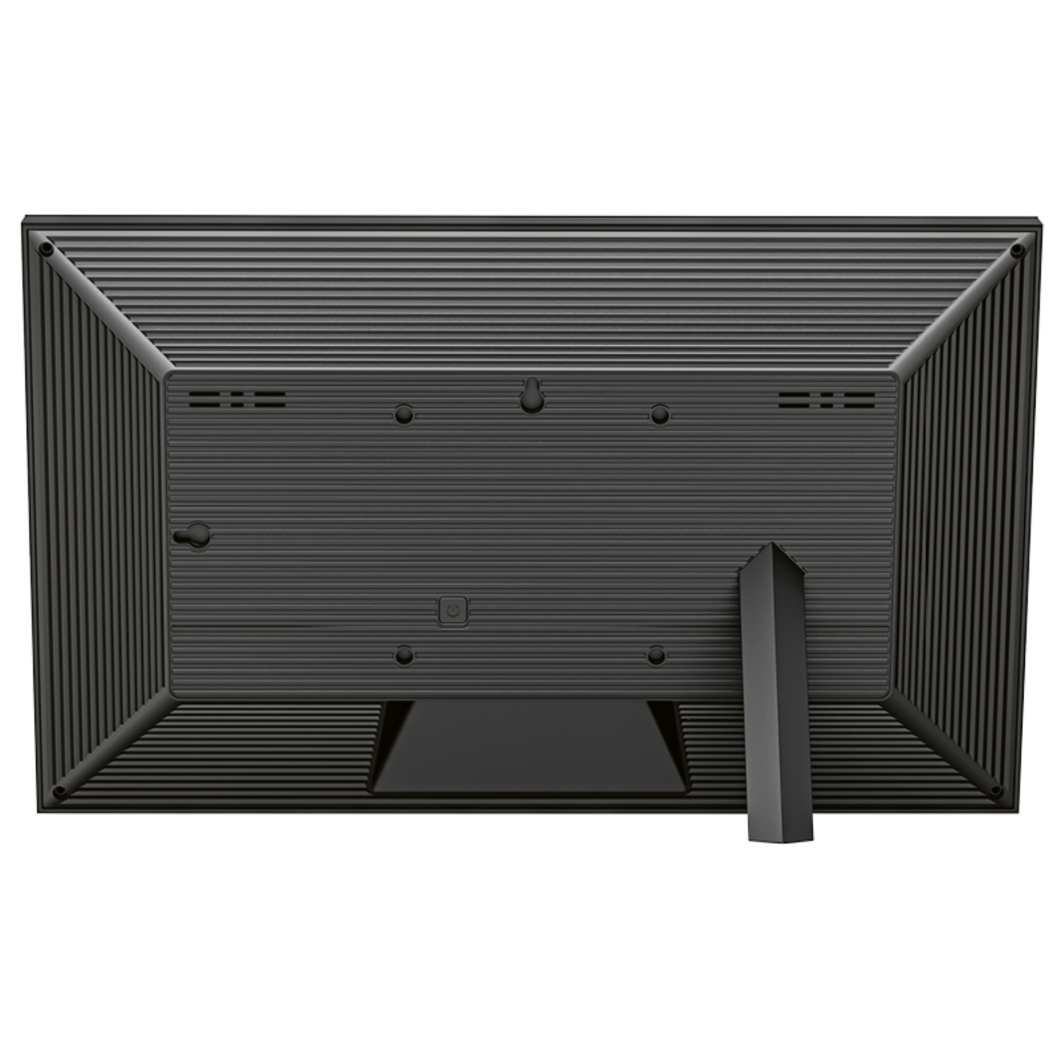 Tył czarnego monitora komputerowego ze stojakiem. Monitor ma teksturowaną powierzchnię.