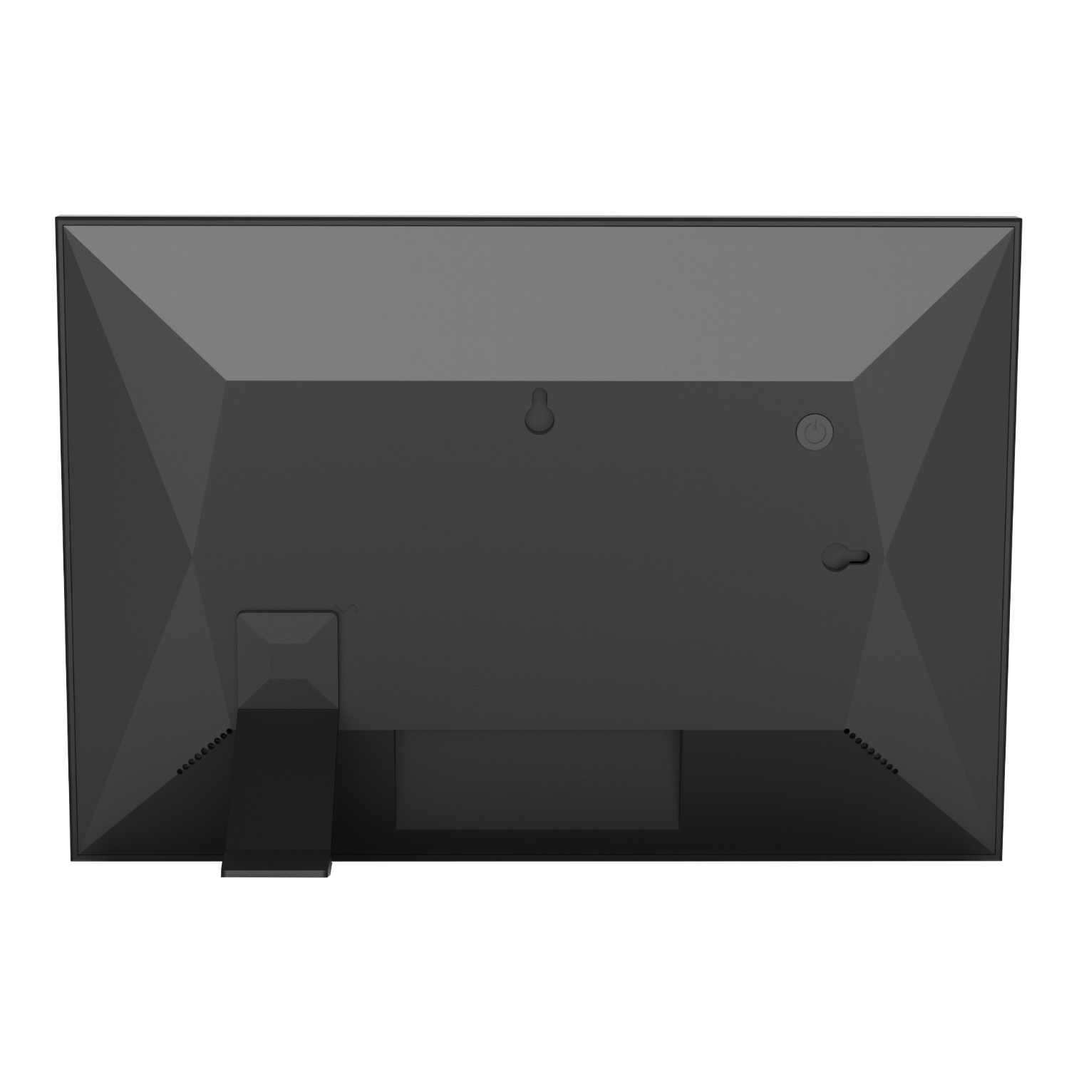 Tył czarnej cyfrowej ramki na zdjęcia. Ma podstawkę, przycisk zasilania i uchwyt do zawieszania.