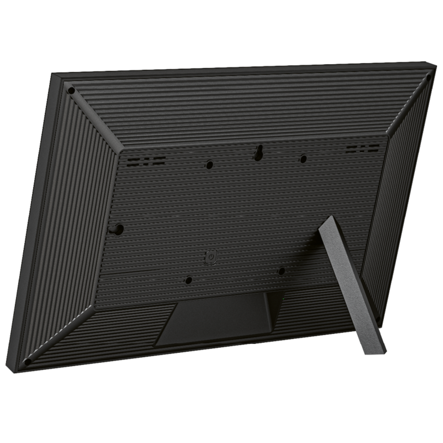 Tył czarnej cyfrowej ramki na zdjęcia ze stojakiem i portami, białe tło.