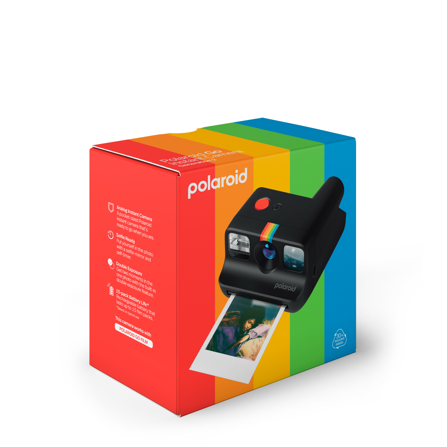 Appareil photo et boîte Polaroid. La boîte a la marque Polaroid et un design rayé coloré.