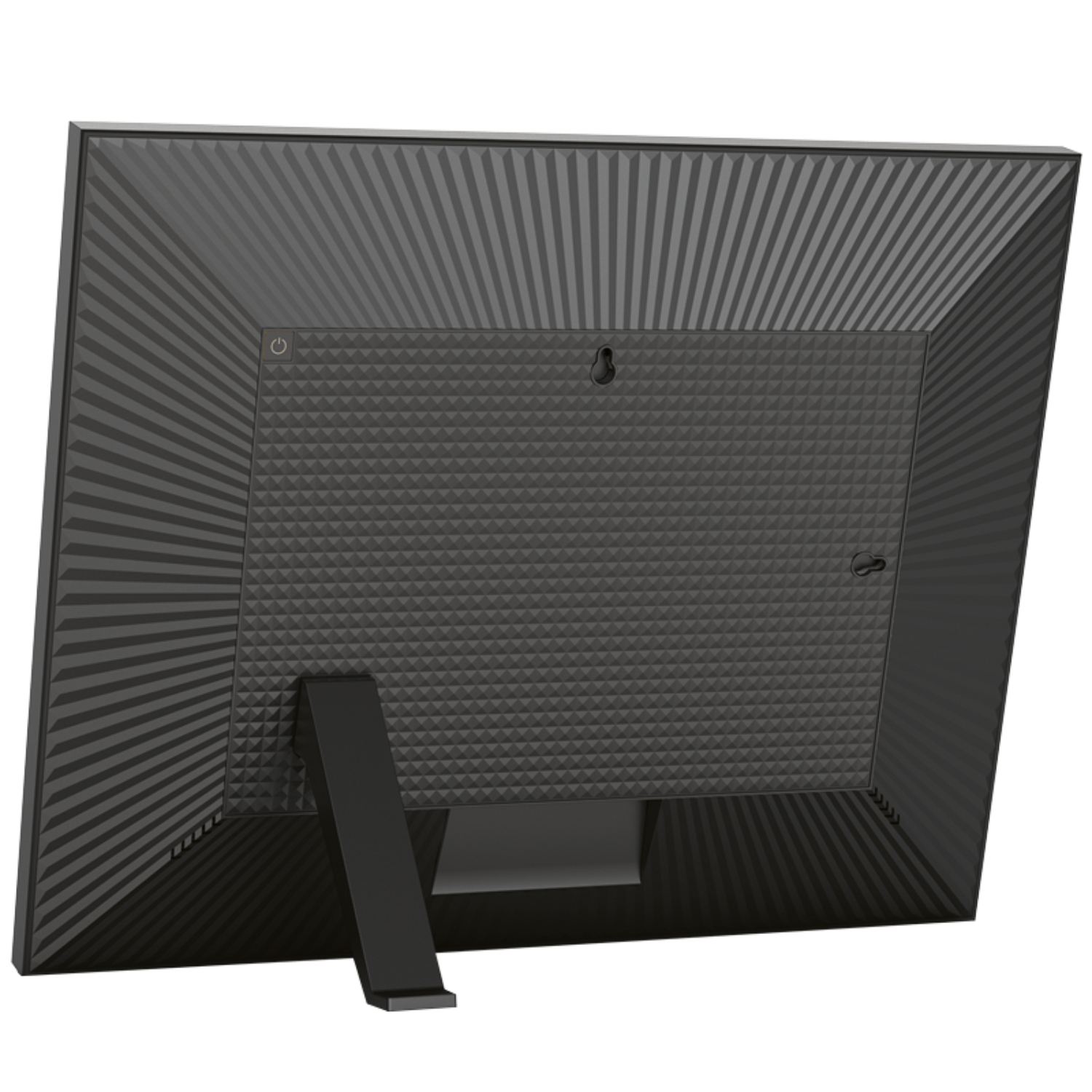 Tył czarnej cyfrowej ramki na zdjęcia ze stojakiem, przyciskiem zasilania i haczykiem do wieszania. Teksturowany design.