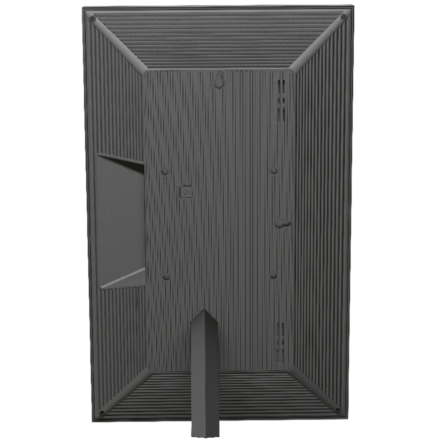 Czarna cyfrowa ramka na zdjęcia ze stojakiem. Tył ma żebrowaną fakturę. Czarne tło.