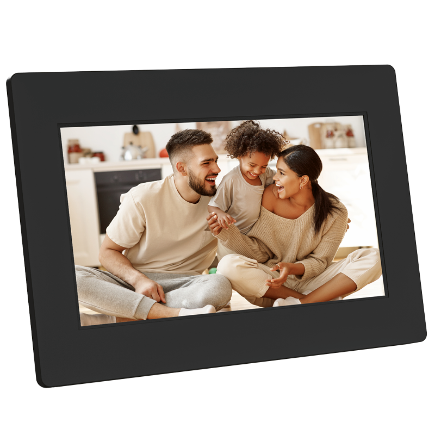 Ramka ze zdjęciem rodziny. Rodzice i dziecko śmieją się razem.