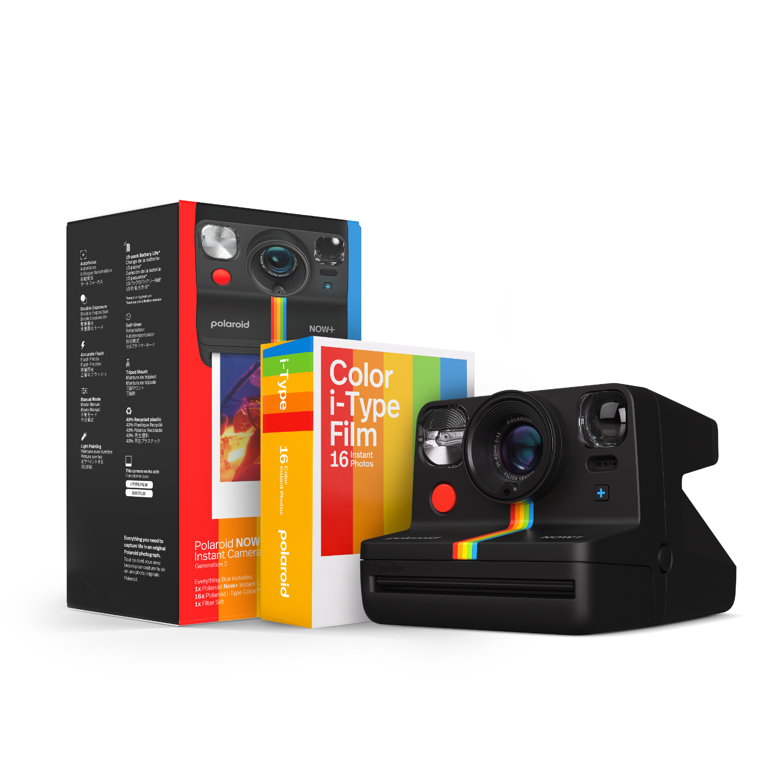 Aparat Polaroid, opakowania z filmami i pudełka. Widoczny jest czarny aparat, film i opakowanie.