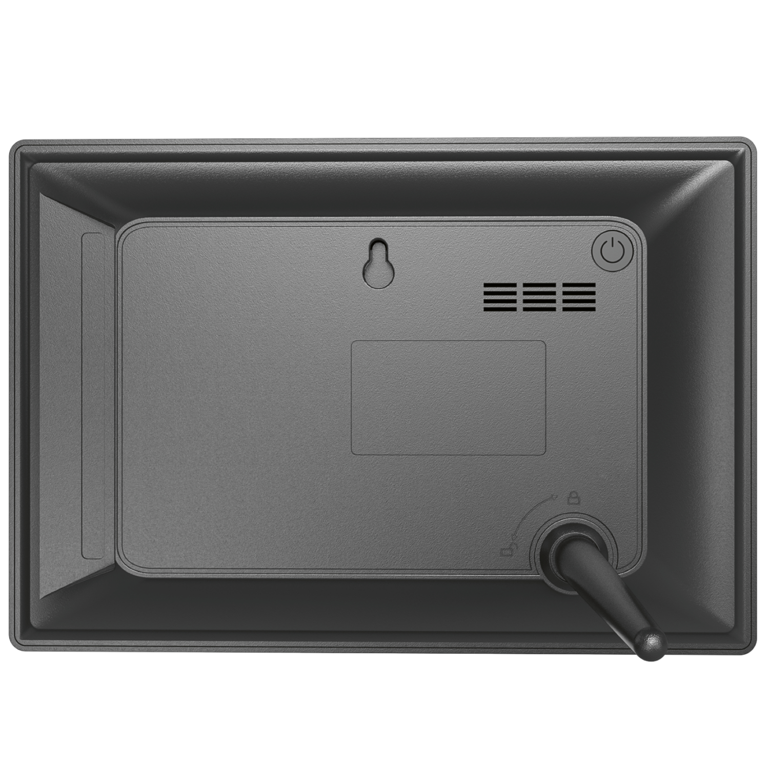 Widok z tyłu szarej cyfrowej ramki na zdjęcia z przyciskiem zasilania, głośnikiem i podstawką.