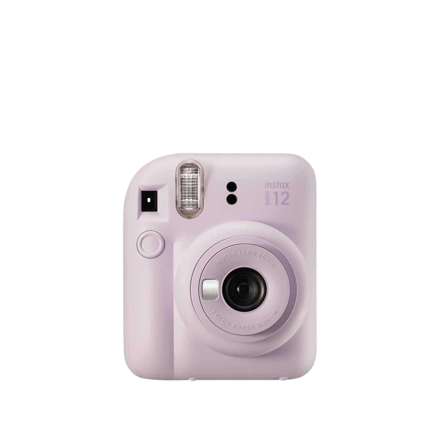 Een lila Instax Mini 12 camera met lens en flitser. De achtergrond is zwart.