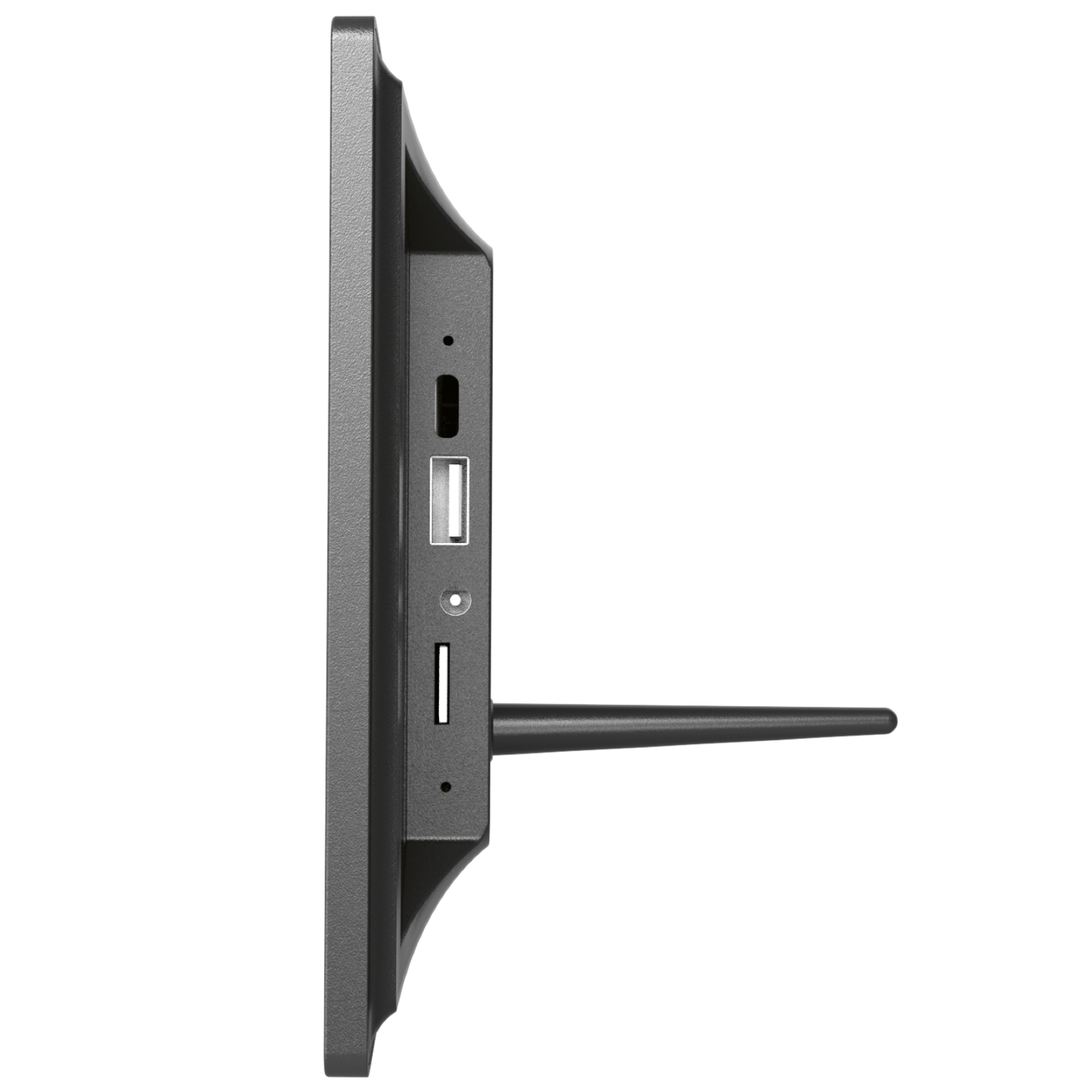 Widok z boku szarej cyfrowej ramki na zdjęcia z portami i anteną. Białe tło.