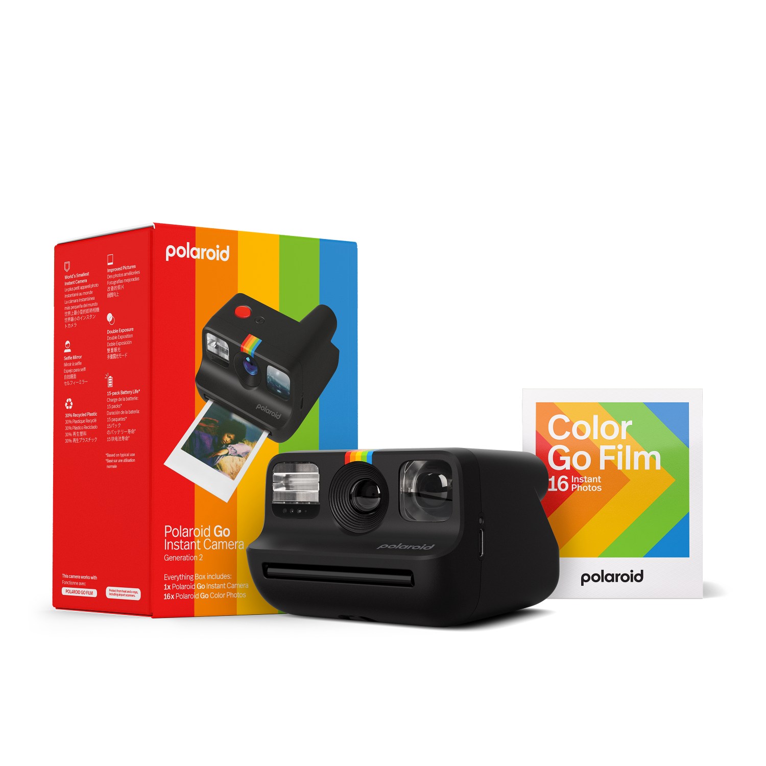 Czarny aparat natychmiastowy Polaroid Go, opakowanie filmu i pudełko na białym tle z tęczowymi paskami.