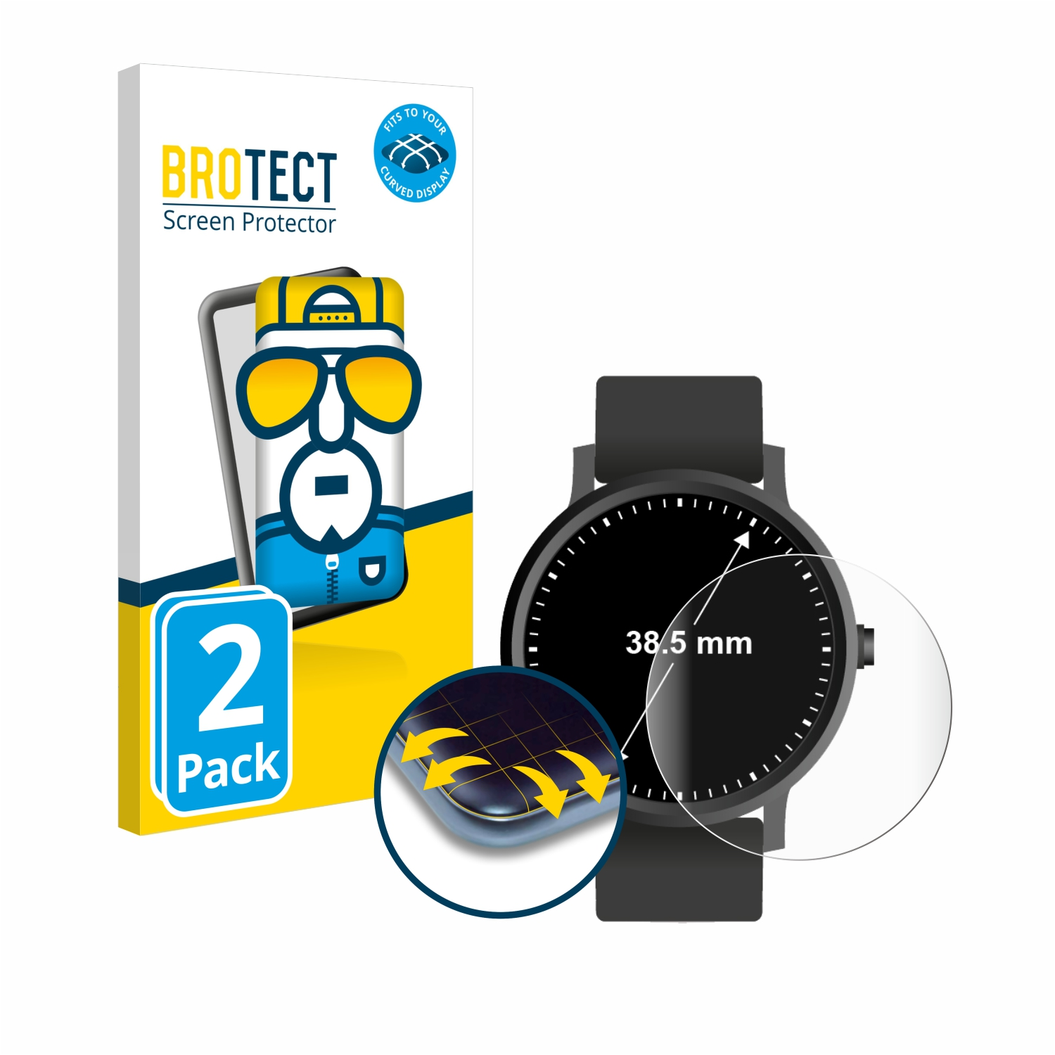 Displayschutzfolienbox mit Cartoonbild und eine Smartwatch mit klarer Displayschutzfolie auf dem Bildschirm.