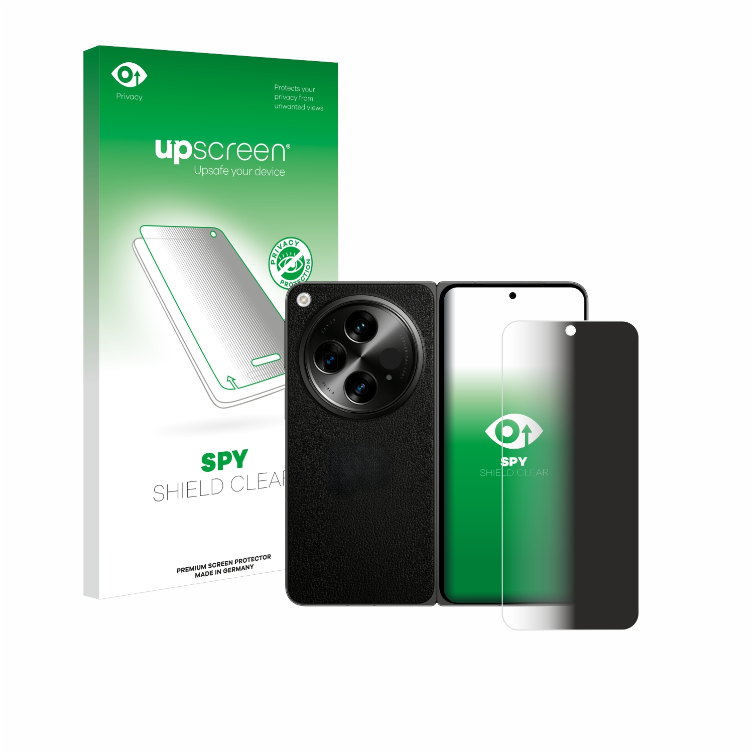 Telefon und Displayschutzfolienbox. Box sagt „up screen“, „Spy Shield Clear“ und „Premium Screen Protector“.