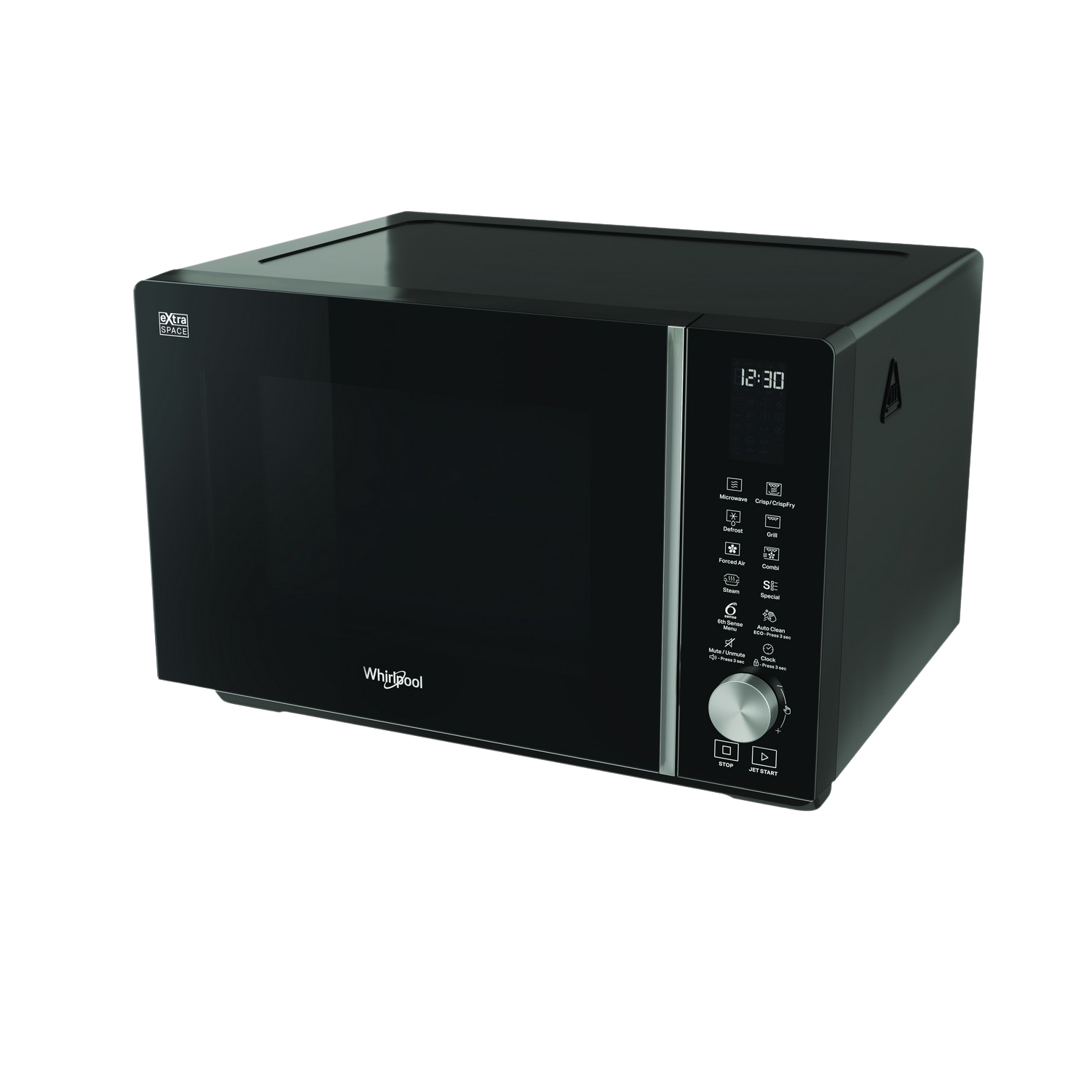 Zwarte magnetron met digitaal display en bedieningspaneel. Op een zwart oppervlak.