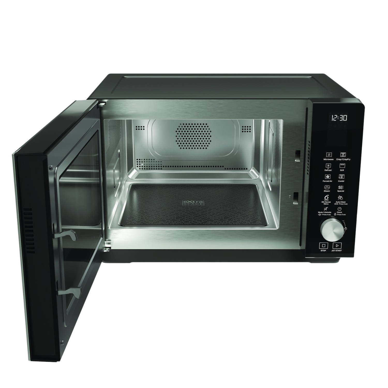 Zwarte magnetron met open deur, roestvrijstalen interieur, digitaal display. Zwarte achtergrond.