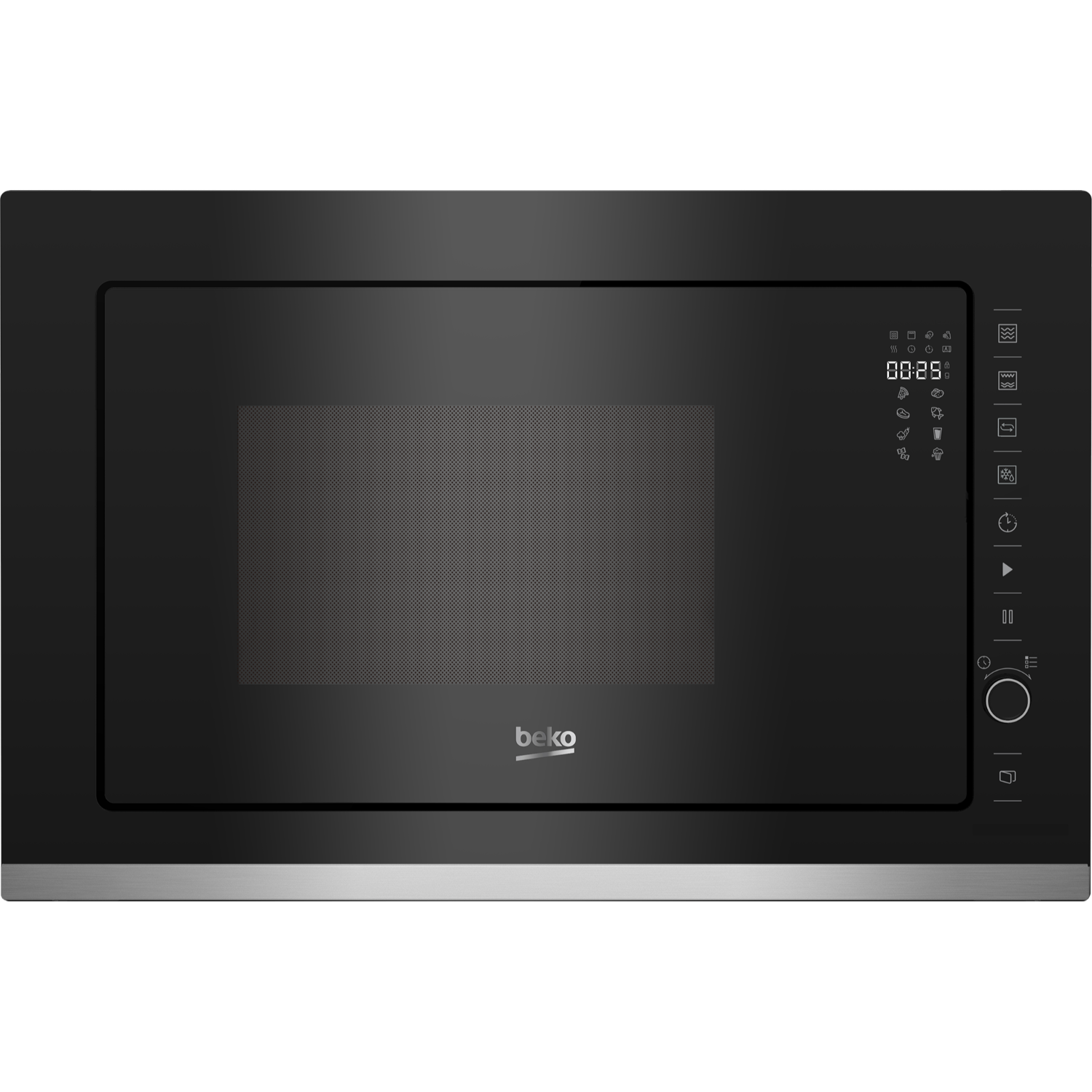 Forno a microonde nero con display digitale e pannello di controllo.