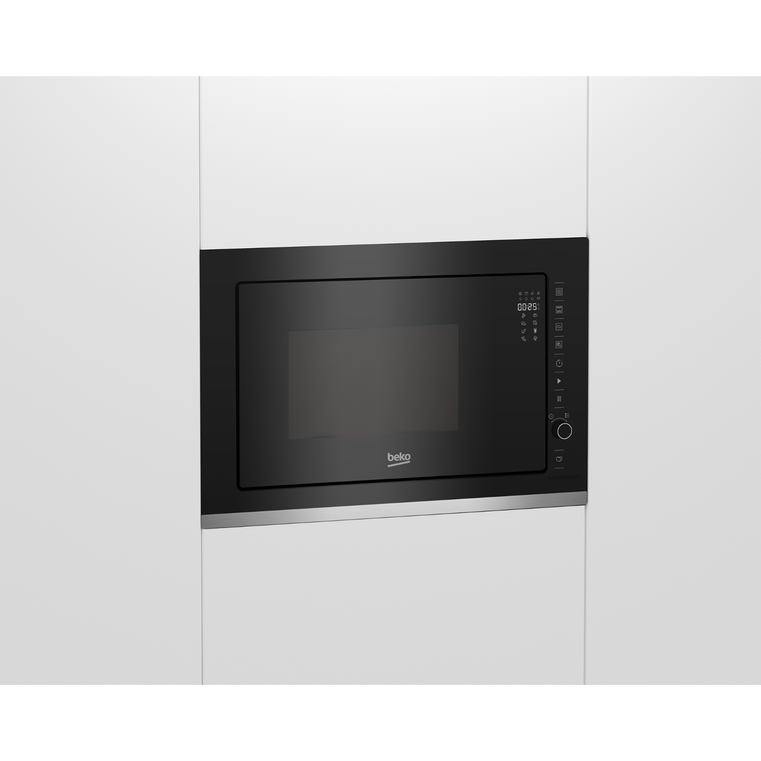 Forno a microonde da incasso, nero, con pannello di controllo e porta chiusa.