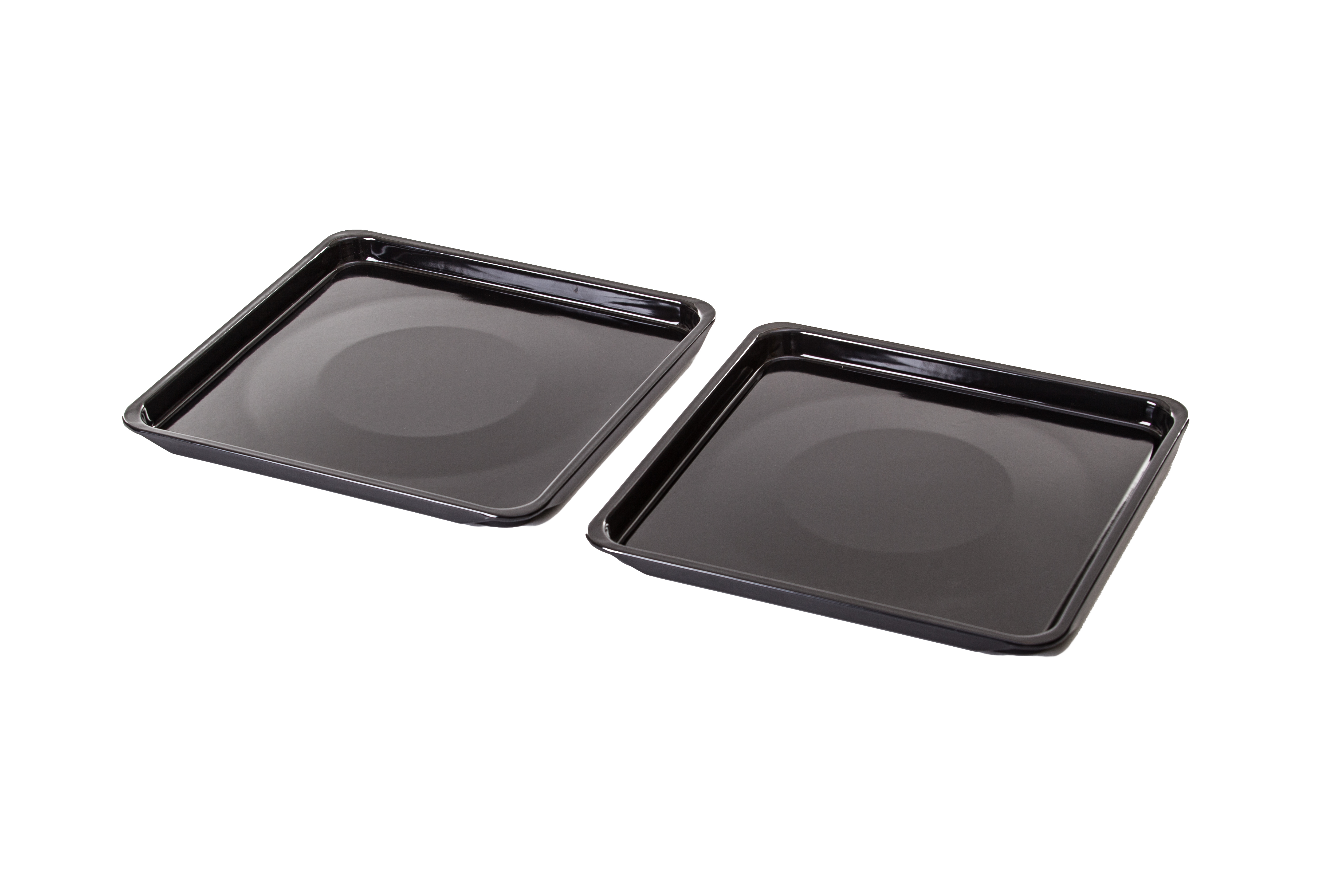Two black oven trays on a white background.