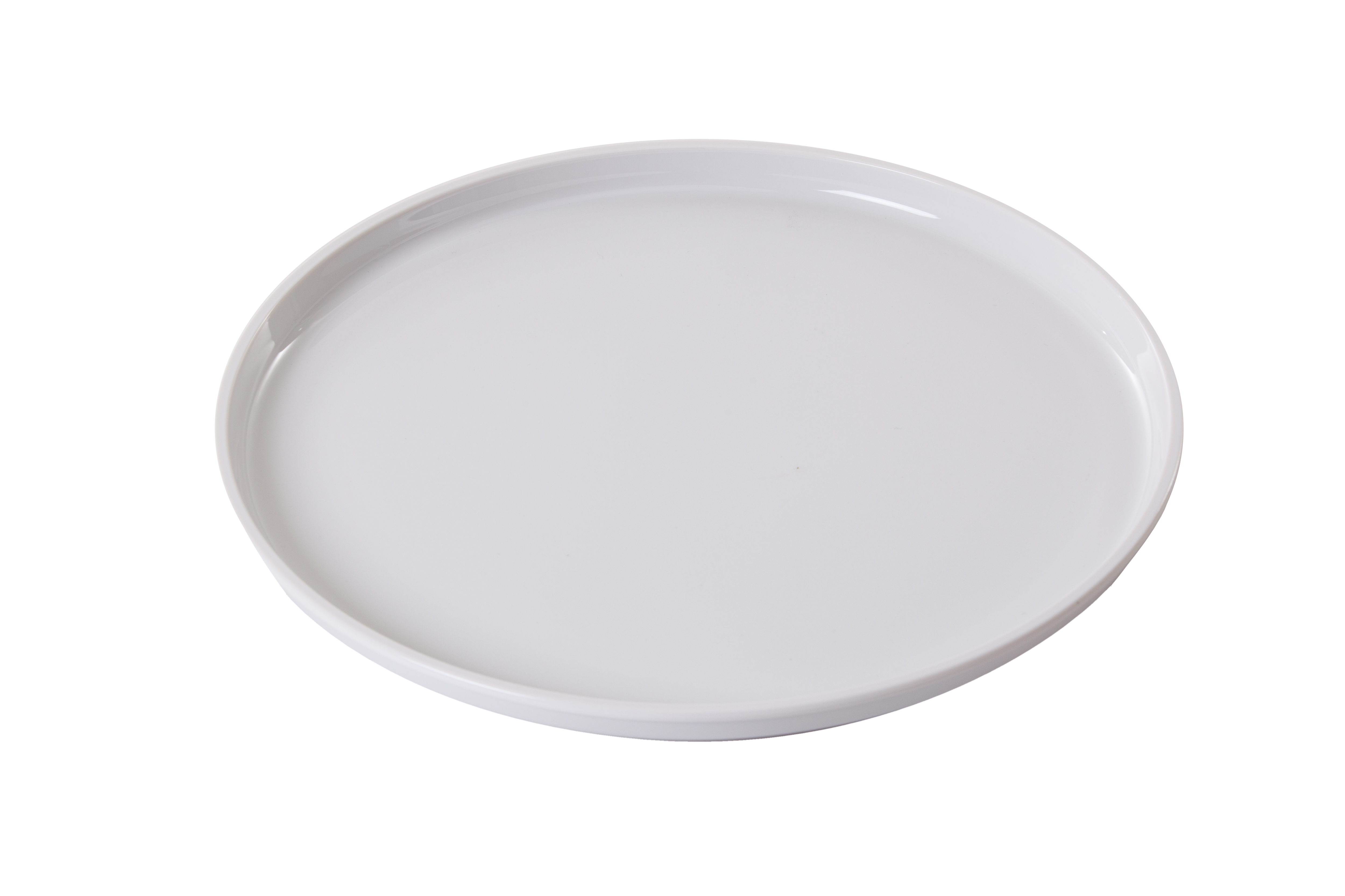 White, round plate on a white background.