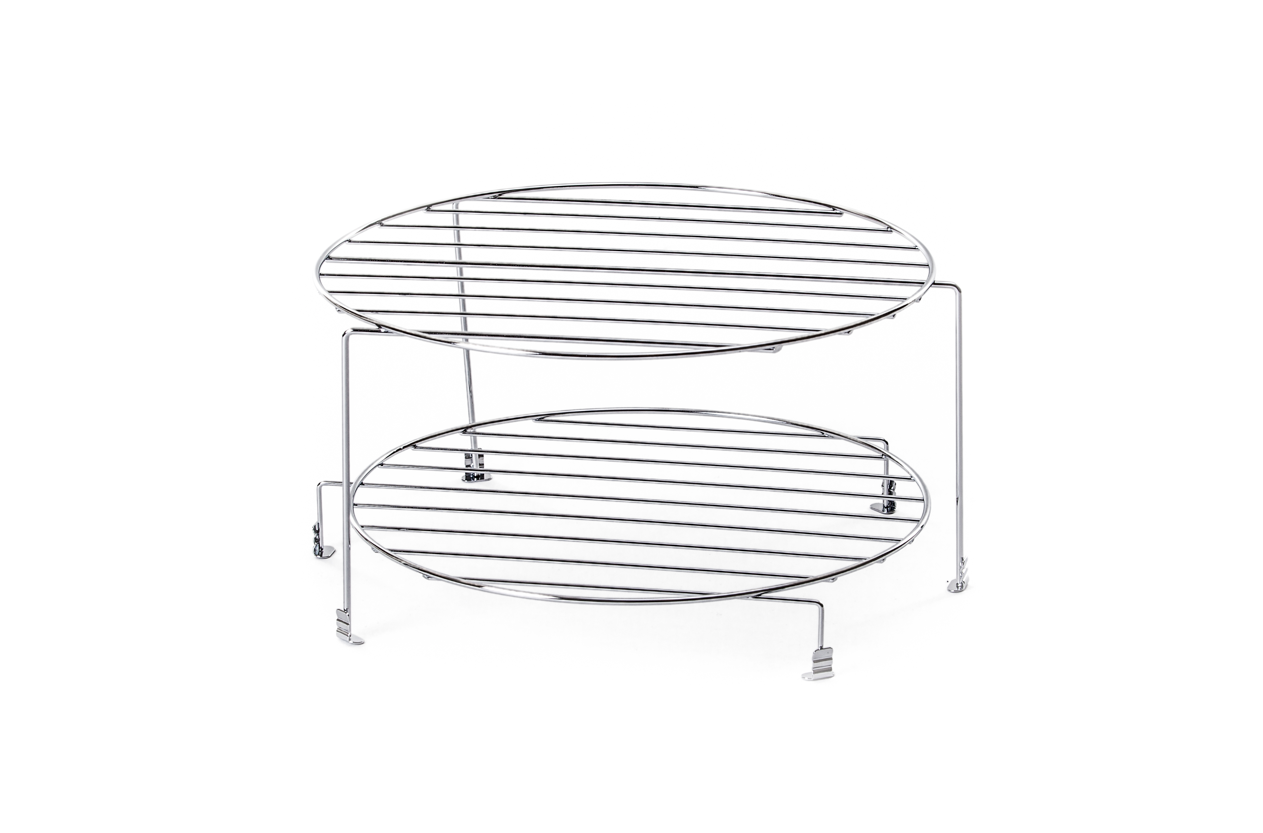 A chrome tiered rack, two circular shelves connected by legs, all on a white background.