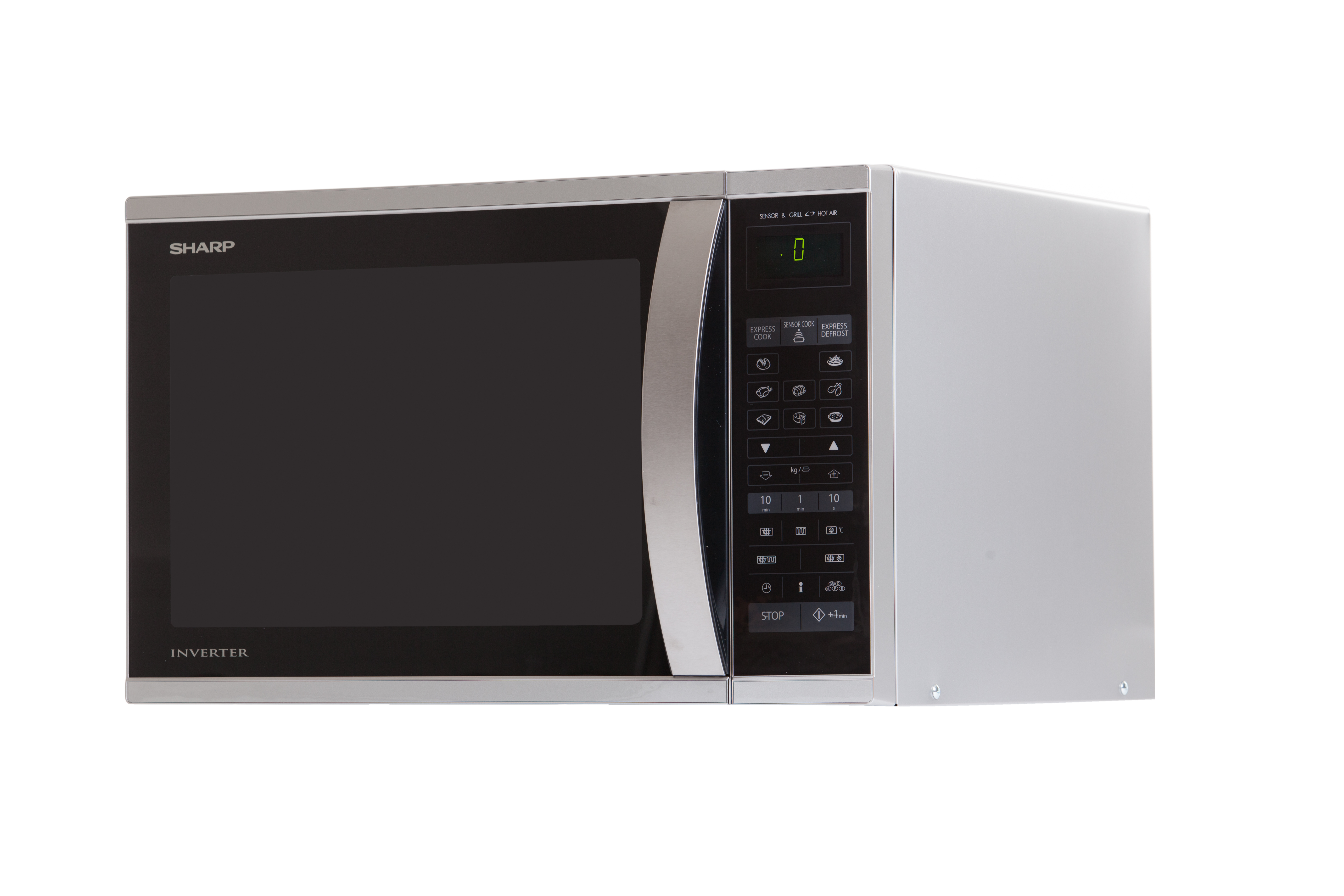 Silver microwave oven with black door and control panel. White background.