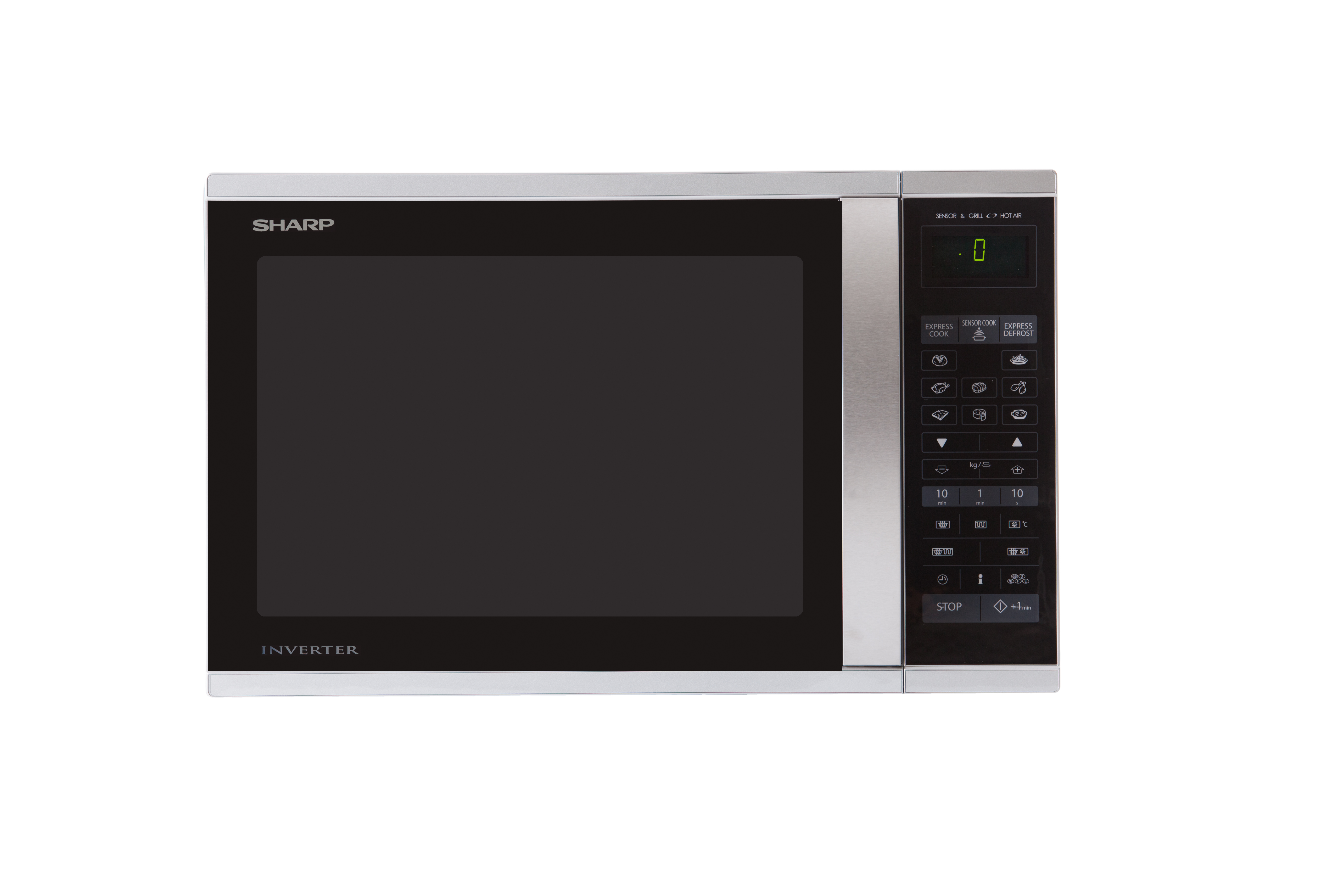 Silver and black microwave oven with digital display, buttons and a control panel on the right.