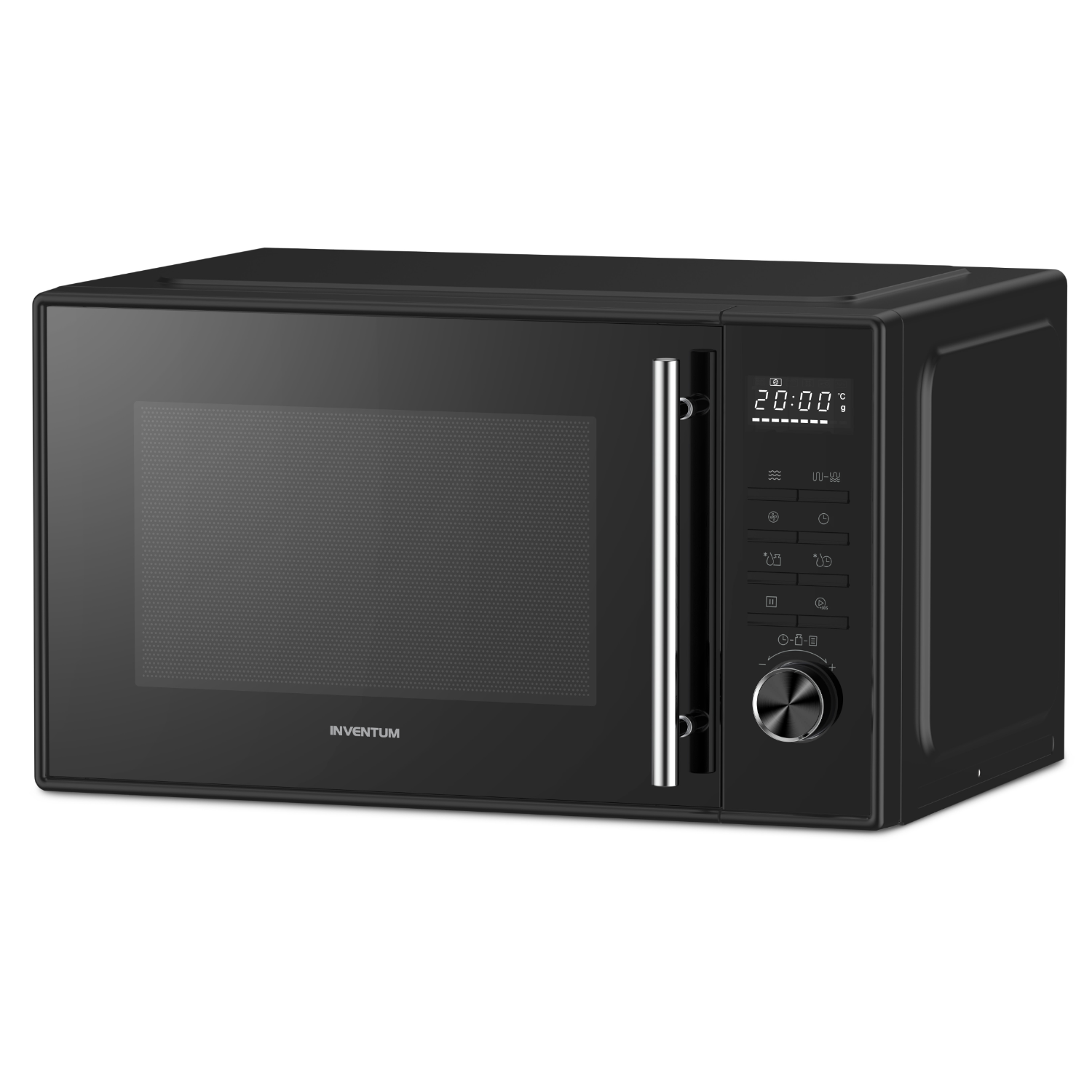 Zwarte magnetron met digitaal display, roestvrijstalen handvat. Witte achtergrond.