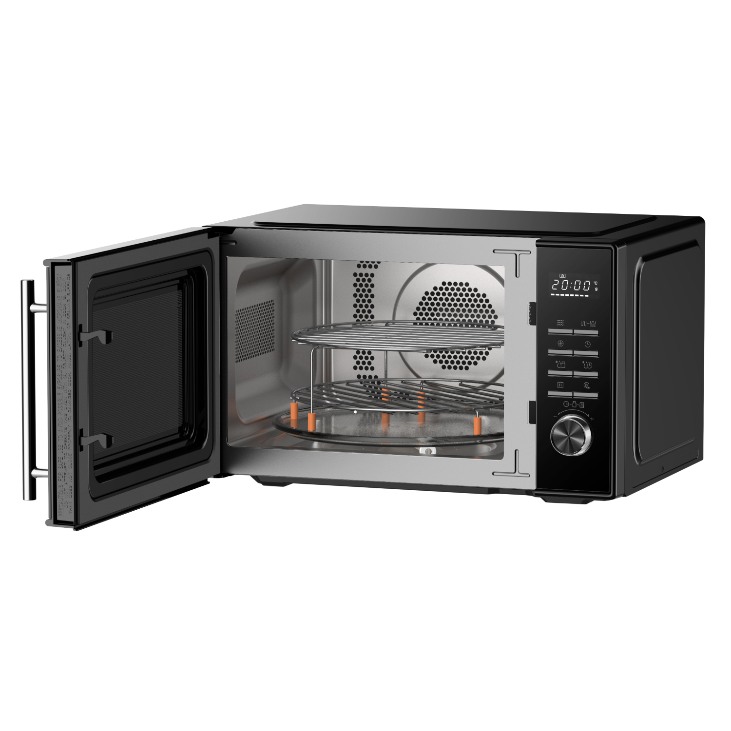 Magnetron met open deur, grill zichtbaar.