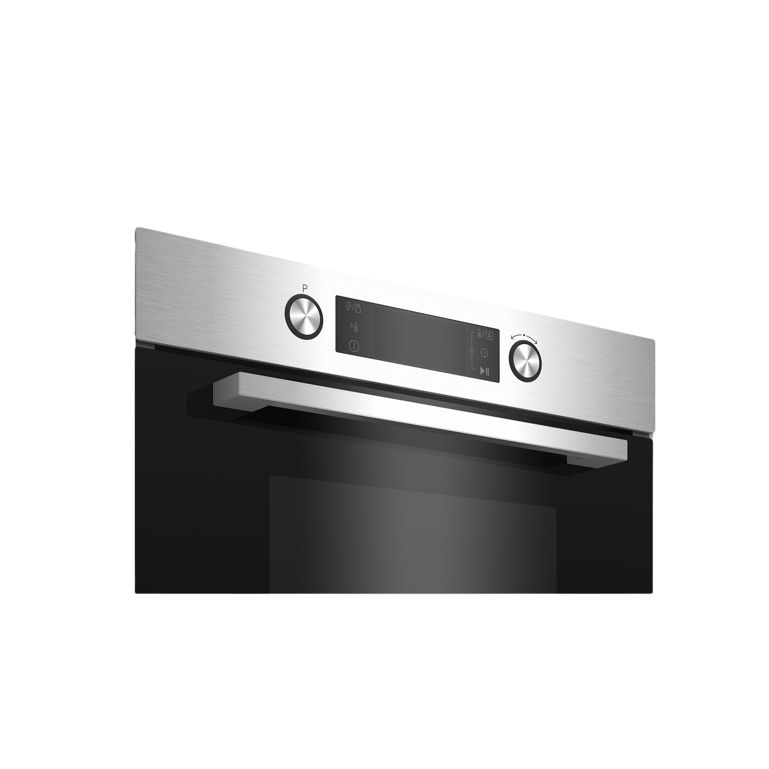 Forno in acciaio inox con porta in vetro nero e maniglia.