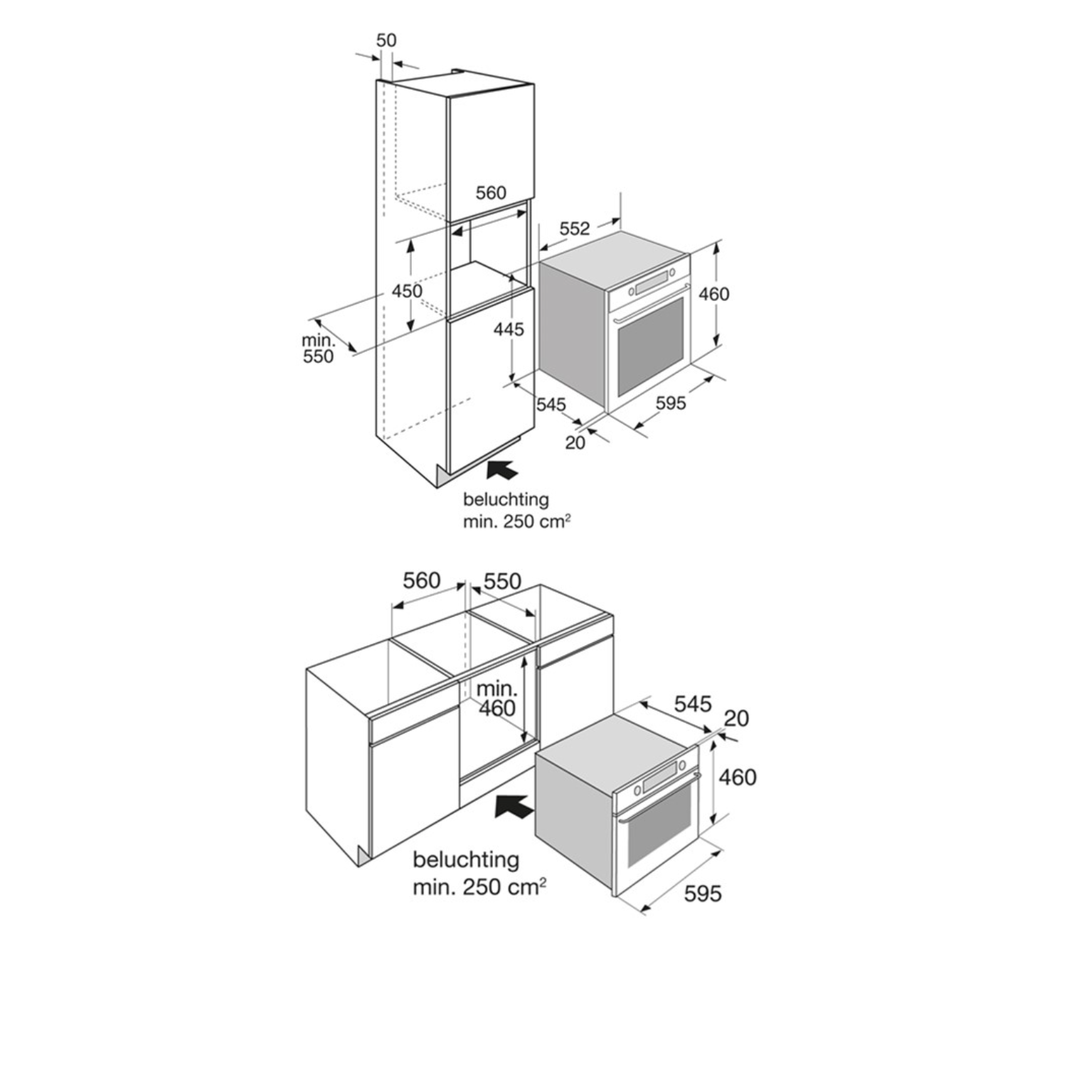 Technische tekening van inbouw oven met afmetingen en ventilatie details.