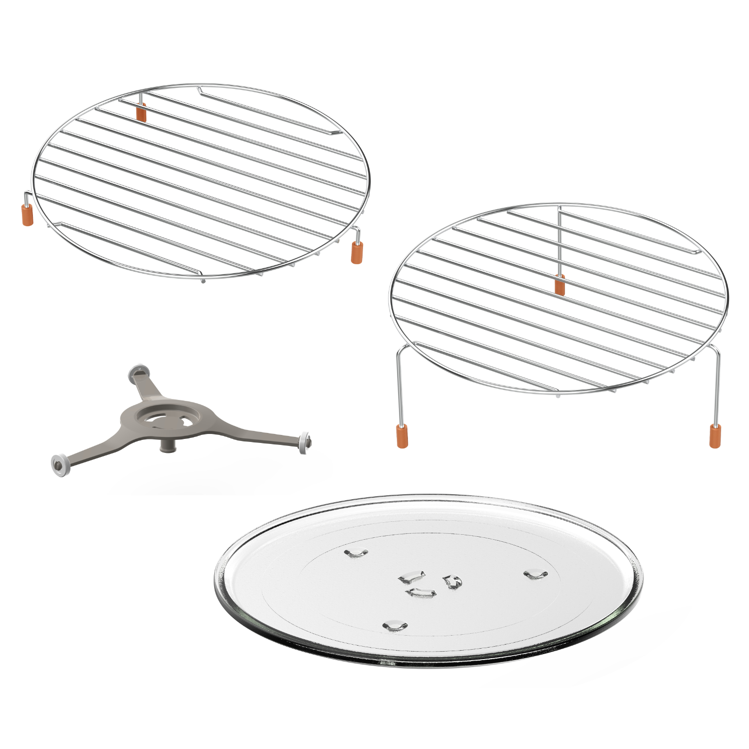 Magnetron onderdelen: twee draadroosters, een standaard en een glazen plaat, witte achtergrond.